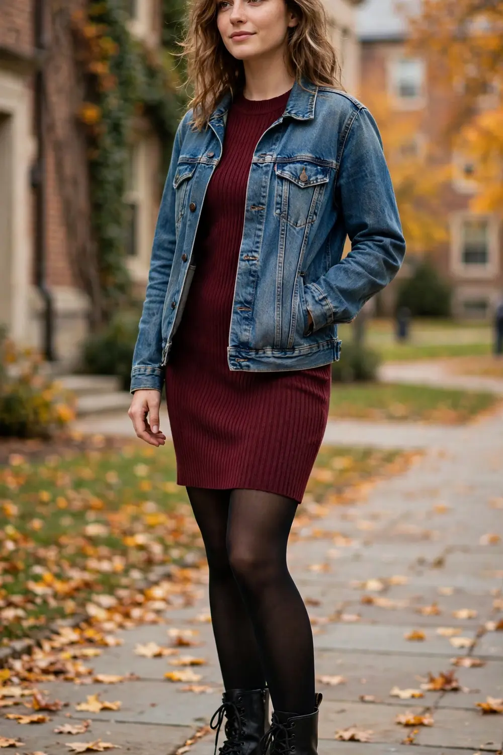 Lace up combat style boots with a sweater dress and black tights