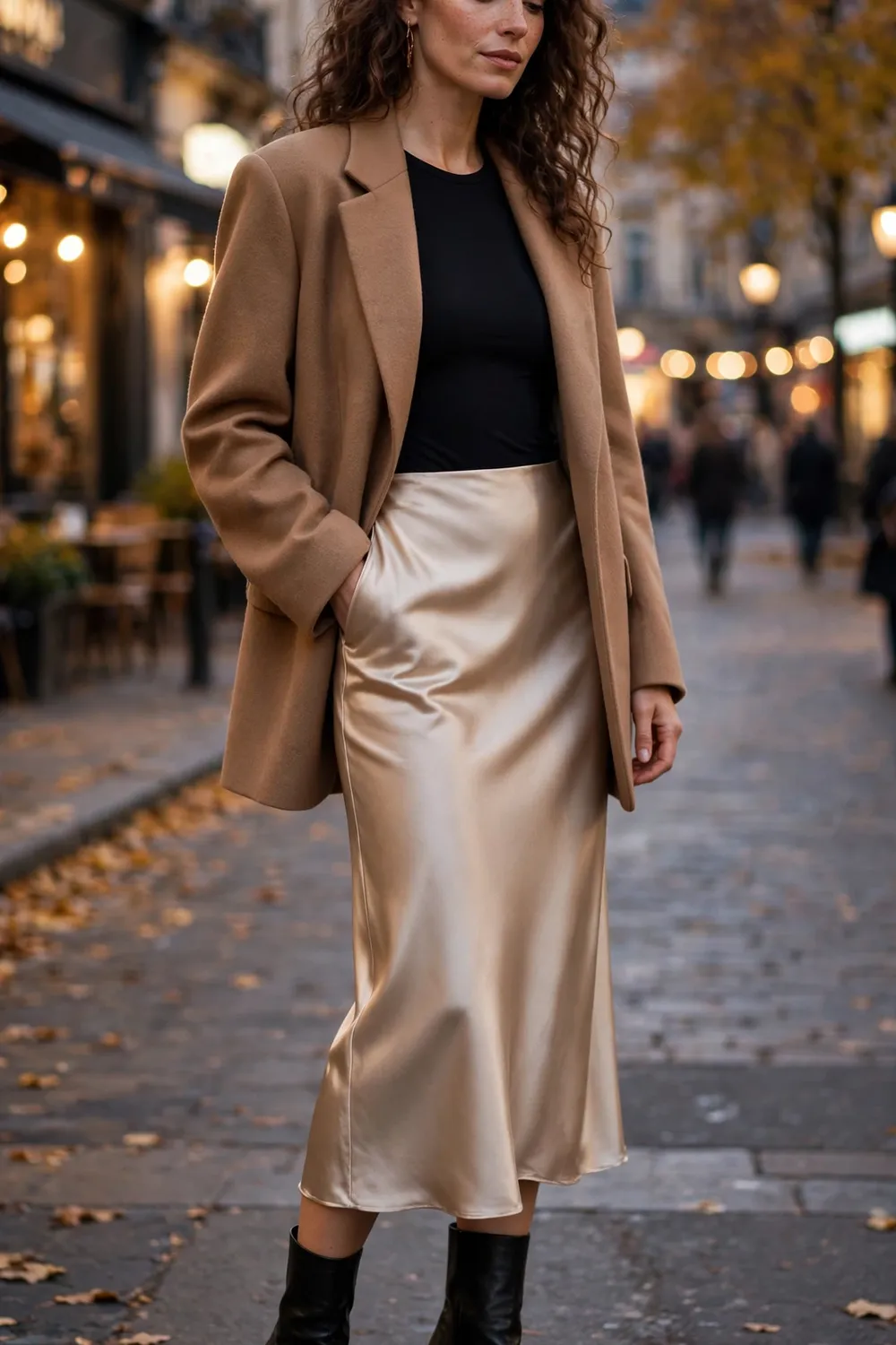 Pointed toe heeled boots with a satin slip skirt and blazer