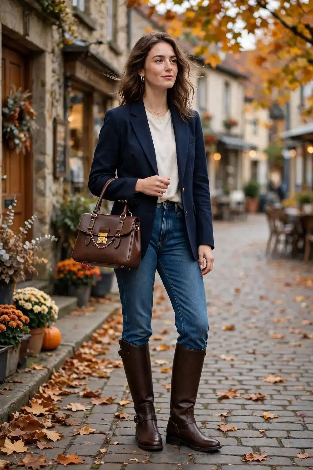 Flat riding boots with a navy blazer and dark jeans polished casual outfit