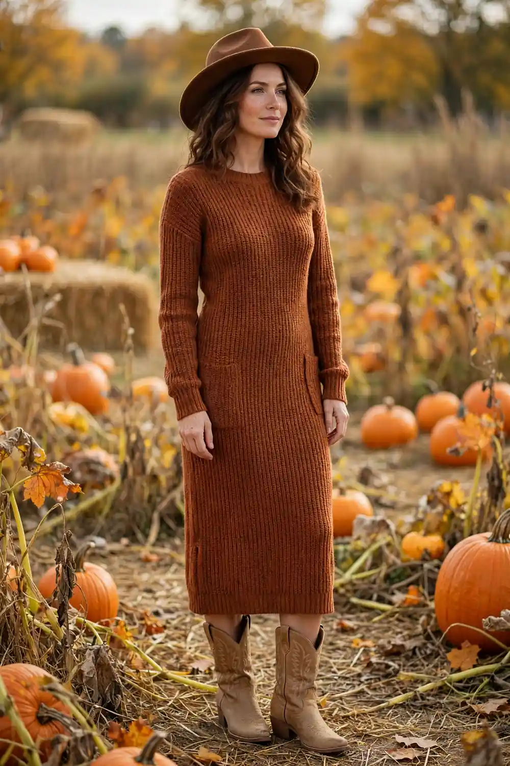 Western ankle boots with a rust colored knit dress in autumn
