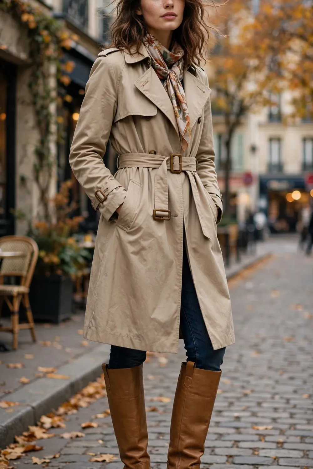 Tan knee high boots with a trench coat street style