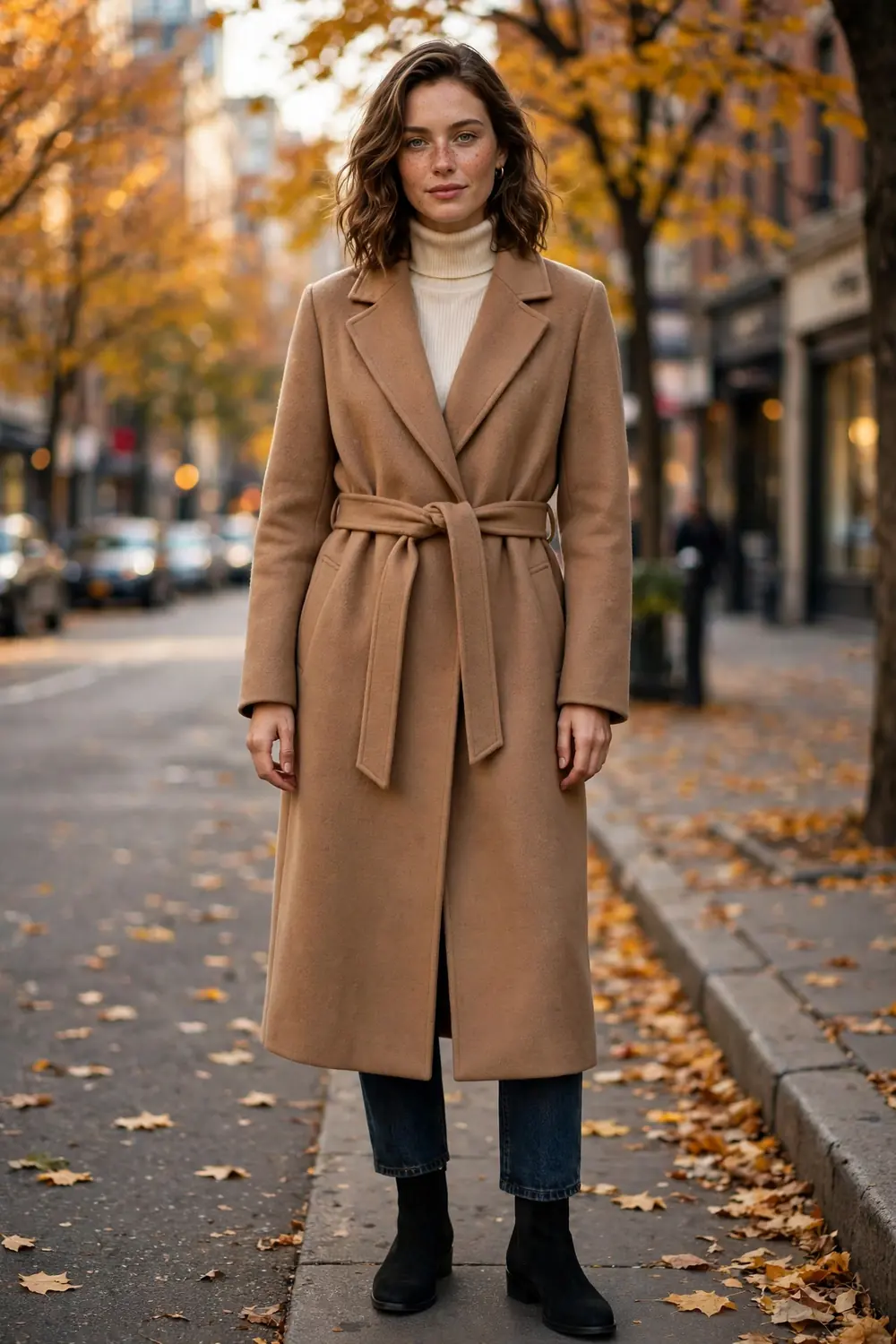 Woman in a long camel wool coat with a belted waist styled over a cream turtleneck and dark jeans on an autumn street