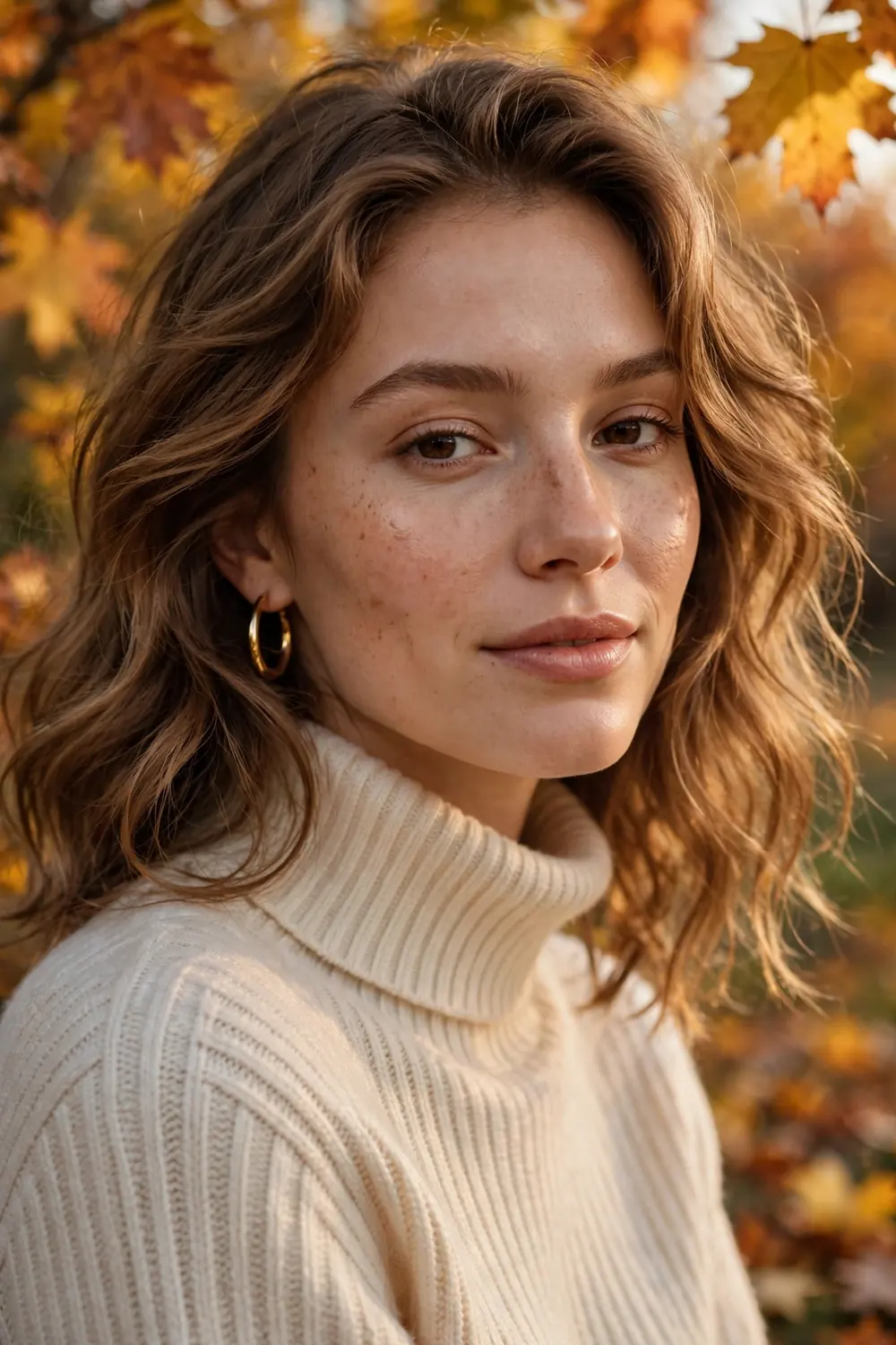 Close up of a woman wearing a soft cream ribbed turtleneck sweater with gold hoop earrings in warm fall light