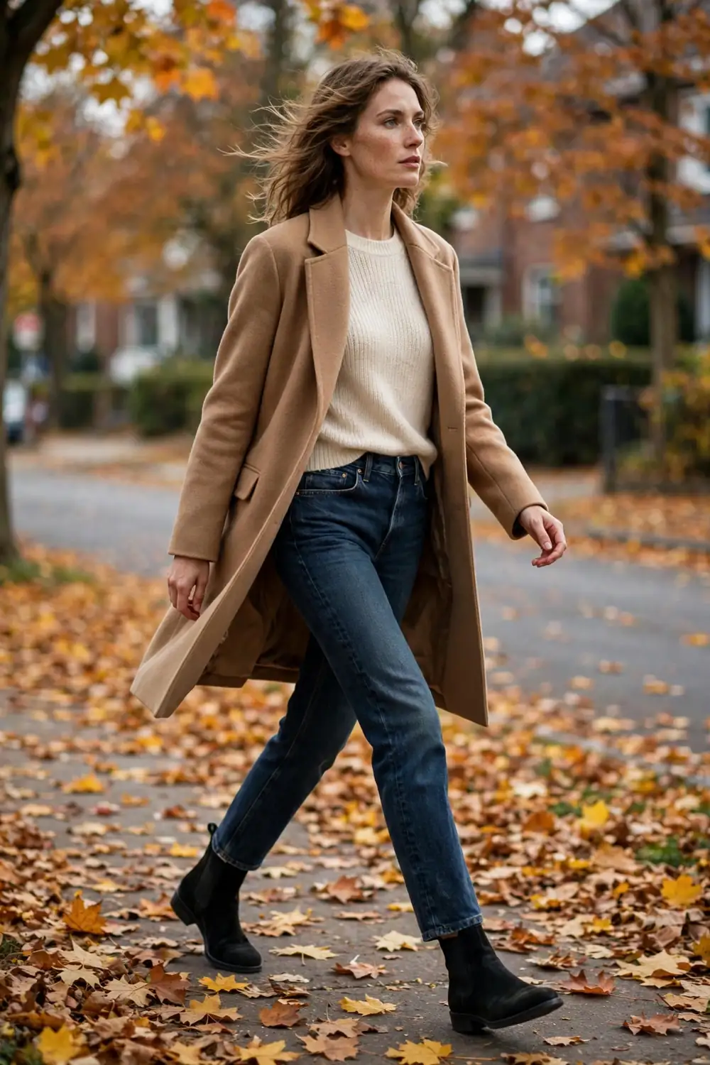 Woman wearing dark wash straight leg jeans with a camel coat and ankle boots walking on a leaf covered sidewalk