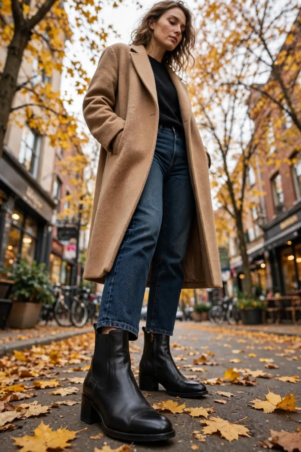 Woman wearing black leather ankle boots with a block heel paired with dark jeans and a wool coat