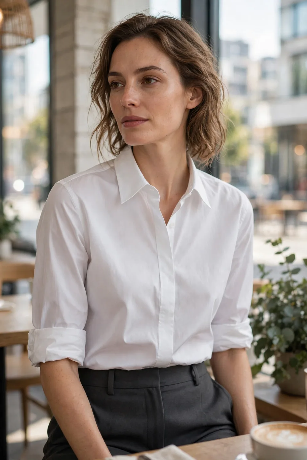 Woman wearing a crisp white button down shirt with rolled sleeves tucked into high waisted trousers