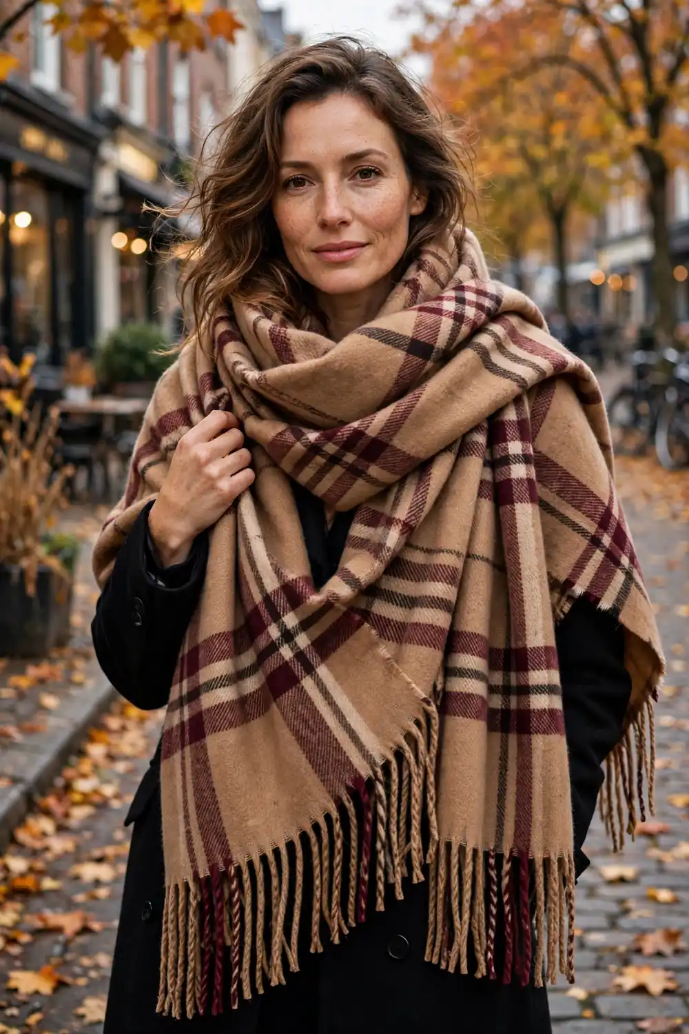 Woman wrapped in a large plaid wool scarf in camel and burgundy tones over a black coat