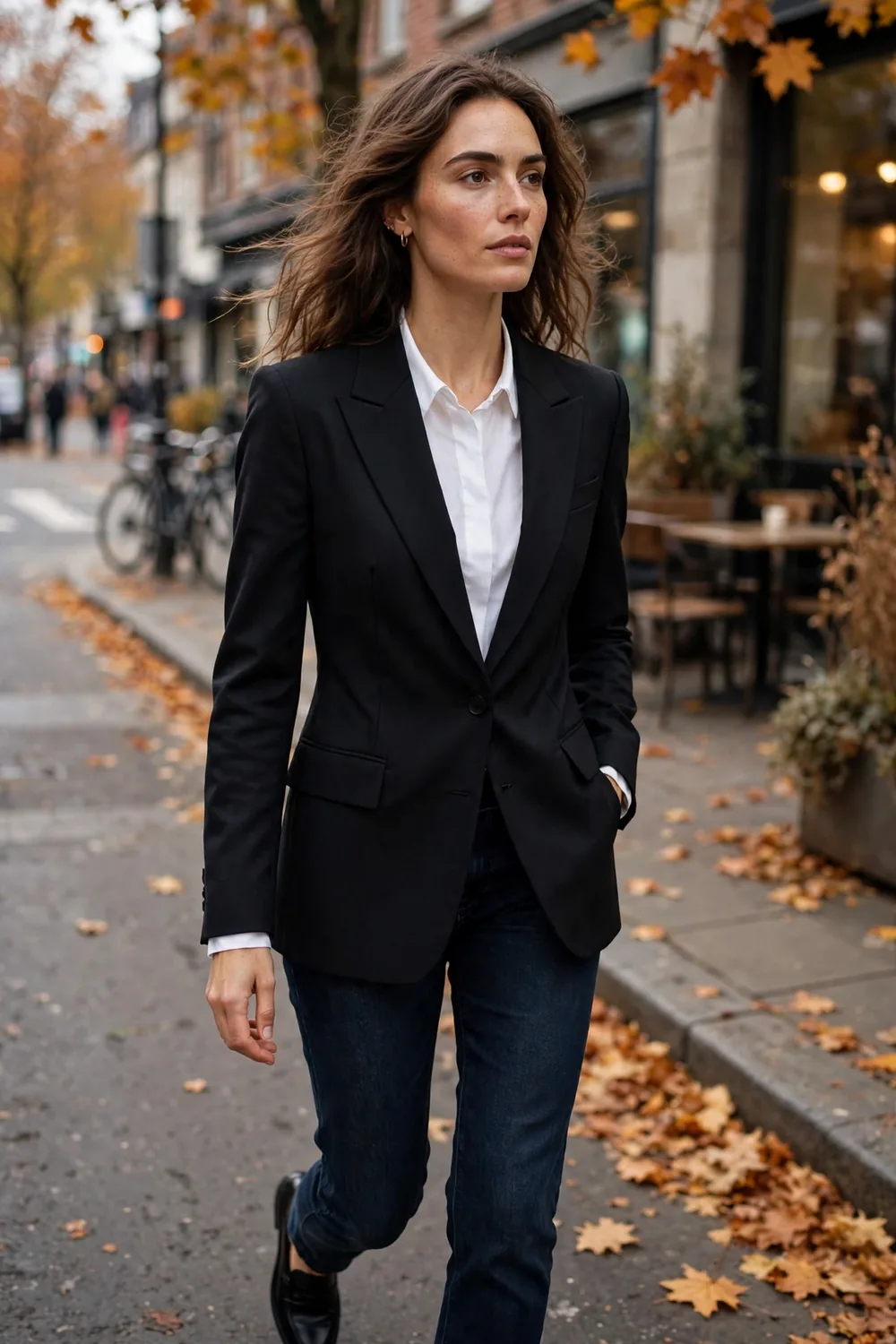 Woman wearing a tailored black blazer over a white shirt and jeans with loafers in a city setting