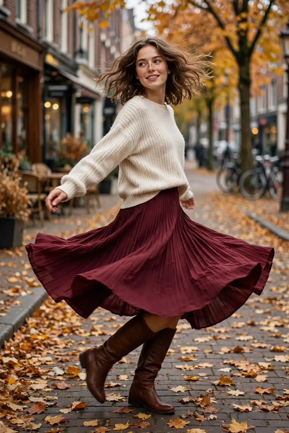 Woman twirling in a burgundy pleated midi skirt with a cream sweater and knee high boots
