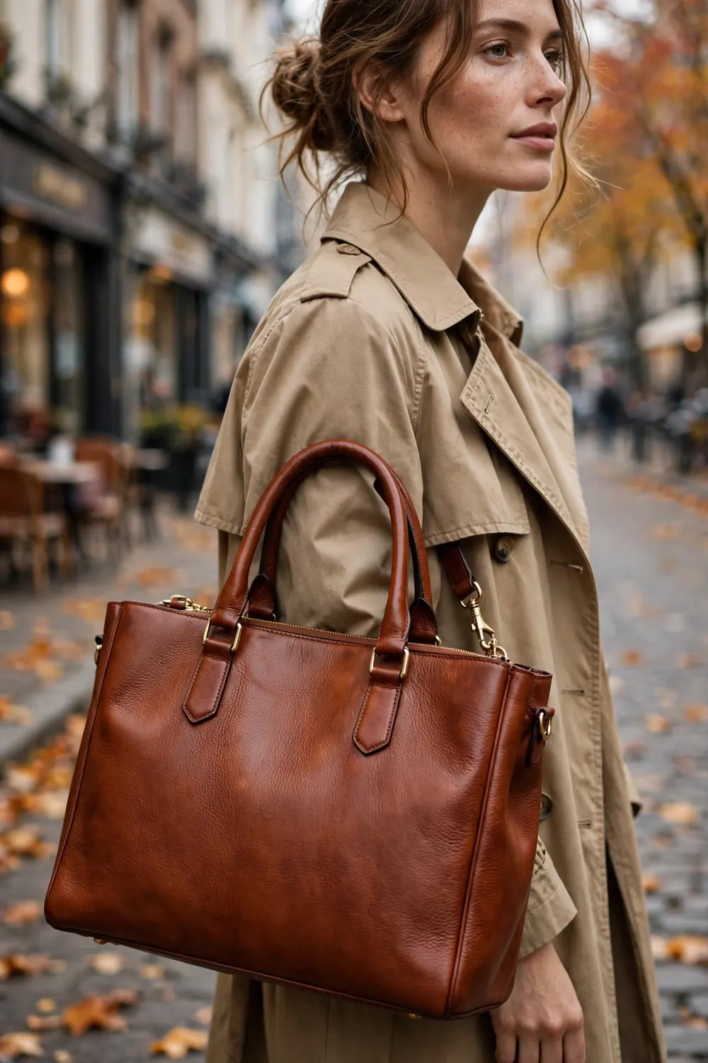 Close up of a structured cognac leather tote bag carried by a woman in a trench coat