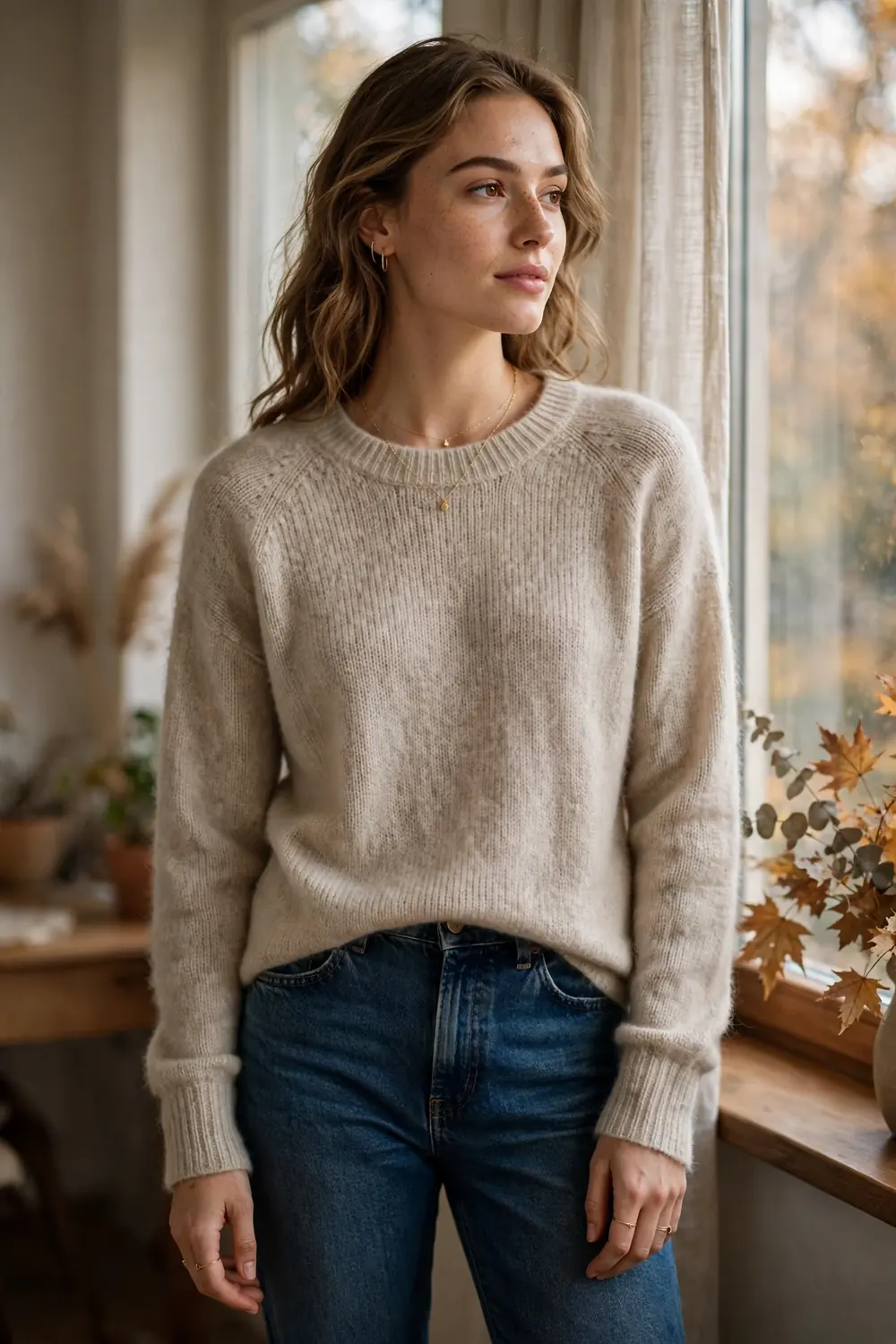 Woman wearing an oatmeal cashmere crewneck sweater with dark jeans and gold jewelry in soft window light