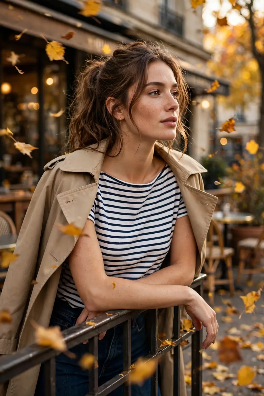 Woman wearing a navy and white striped Breton top with dark jeans and a trench coat draped over shoulders