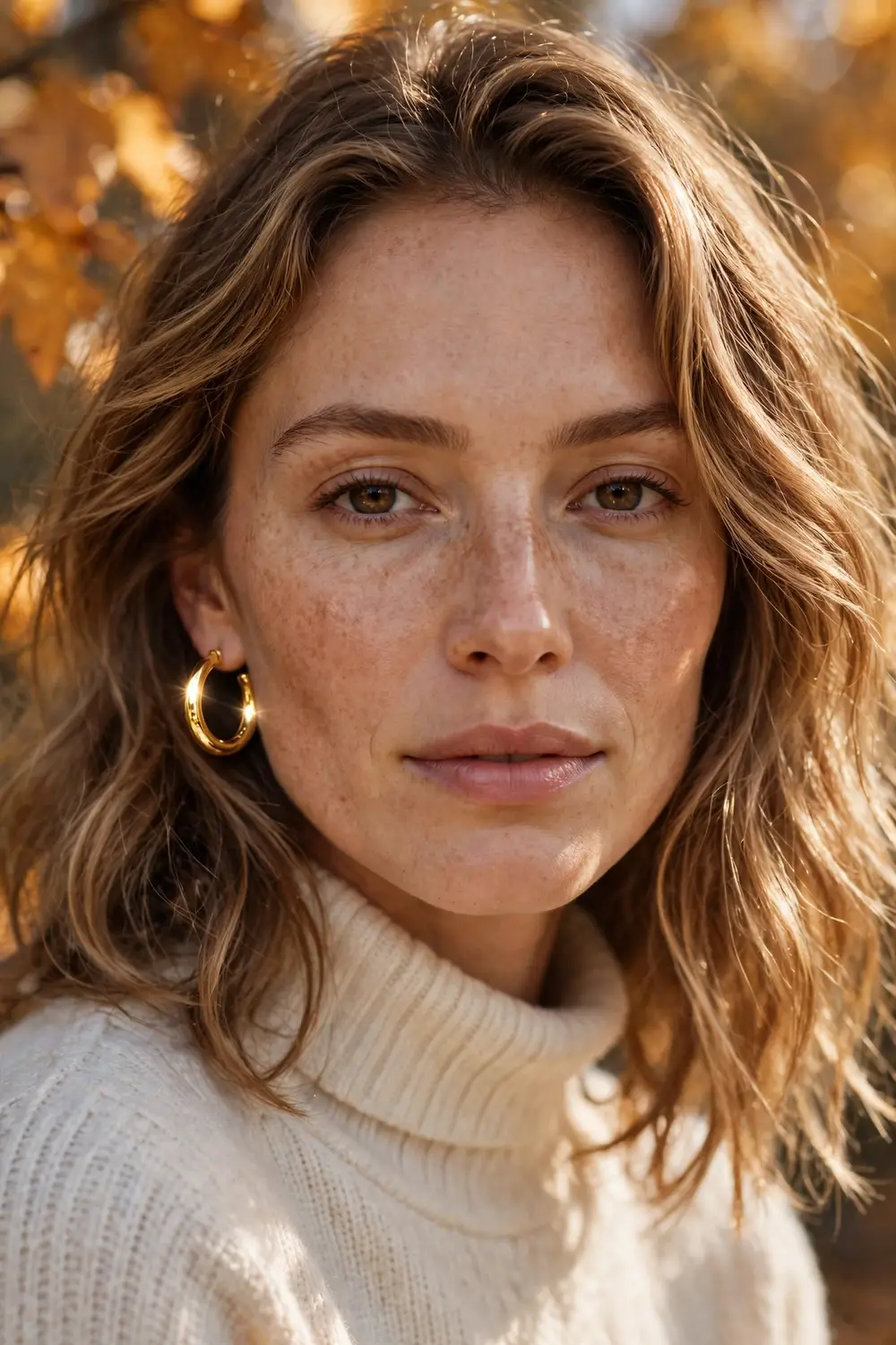 Close up portrait showing medium gold hoop earrings on a woman with a cream turtleneck and soft waves