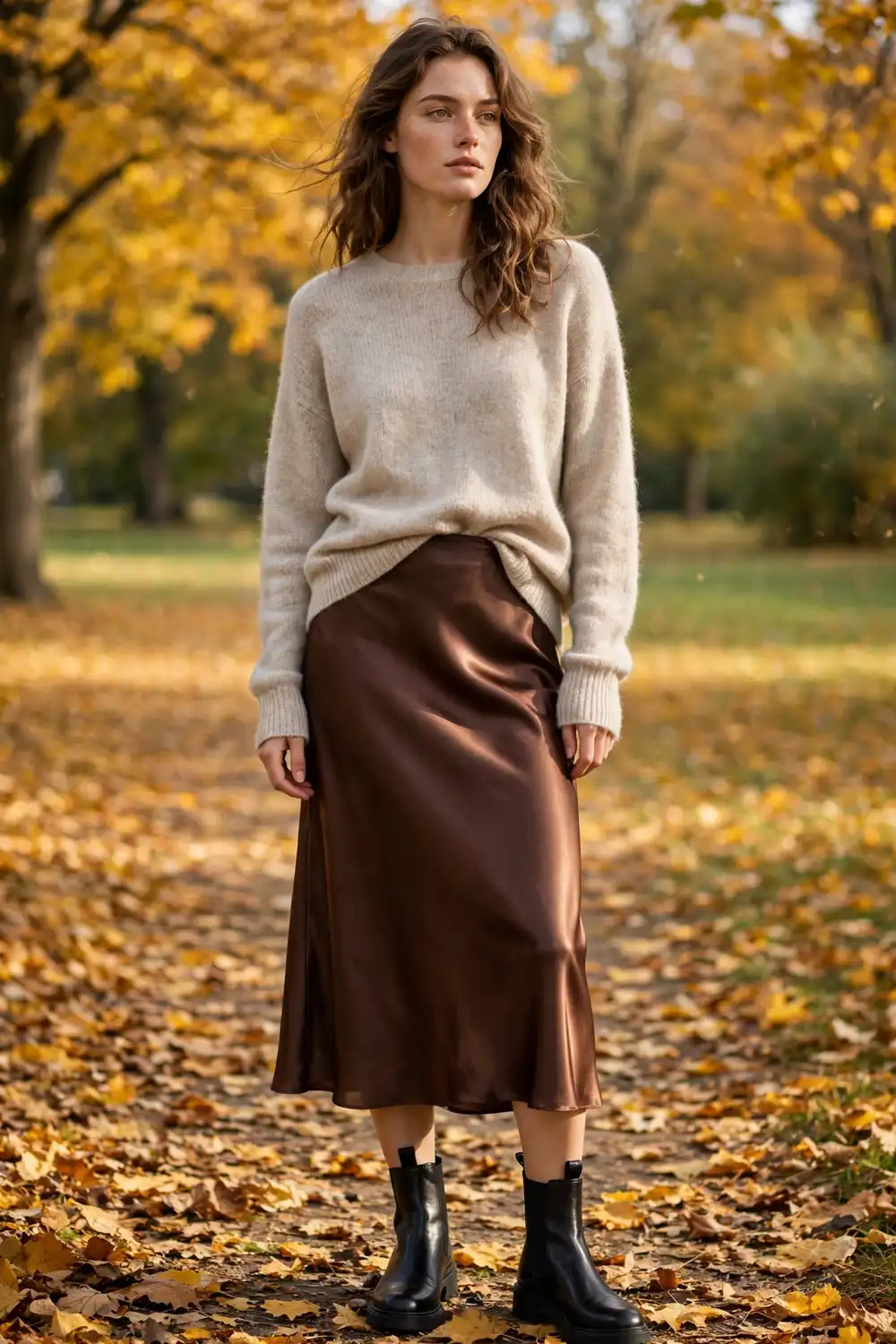 Woman wearing a chocolate satin slip skirt with an oatmeal cashmere sweater and ankle boots