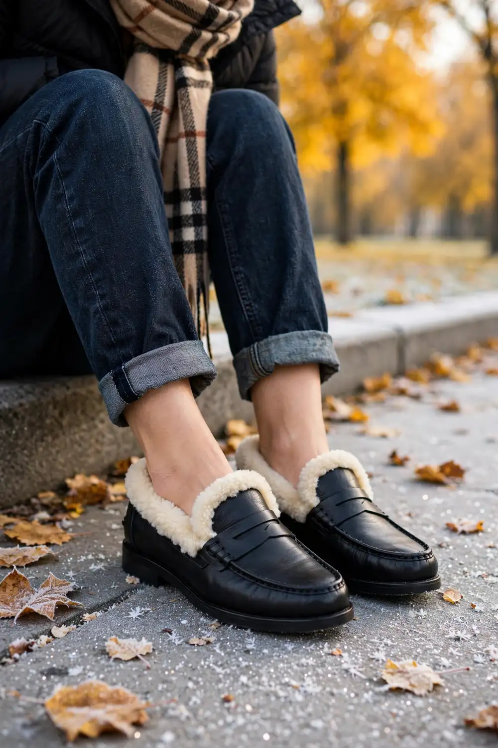 Woman wearing shearling lined black loafers with cuffed jeans and a plaid scarf on a crisp morning