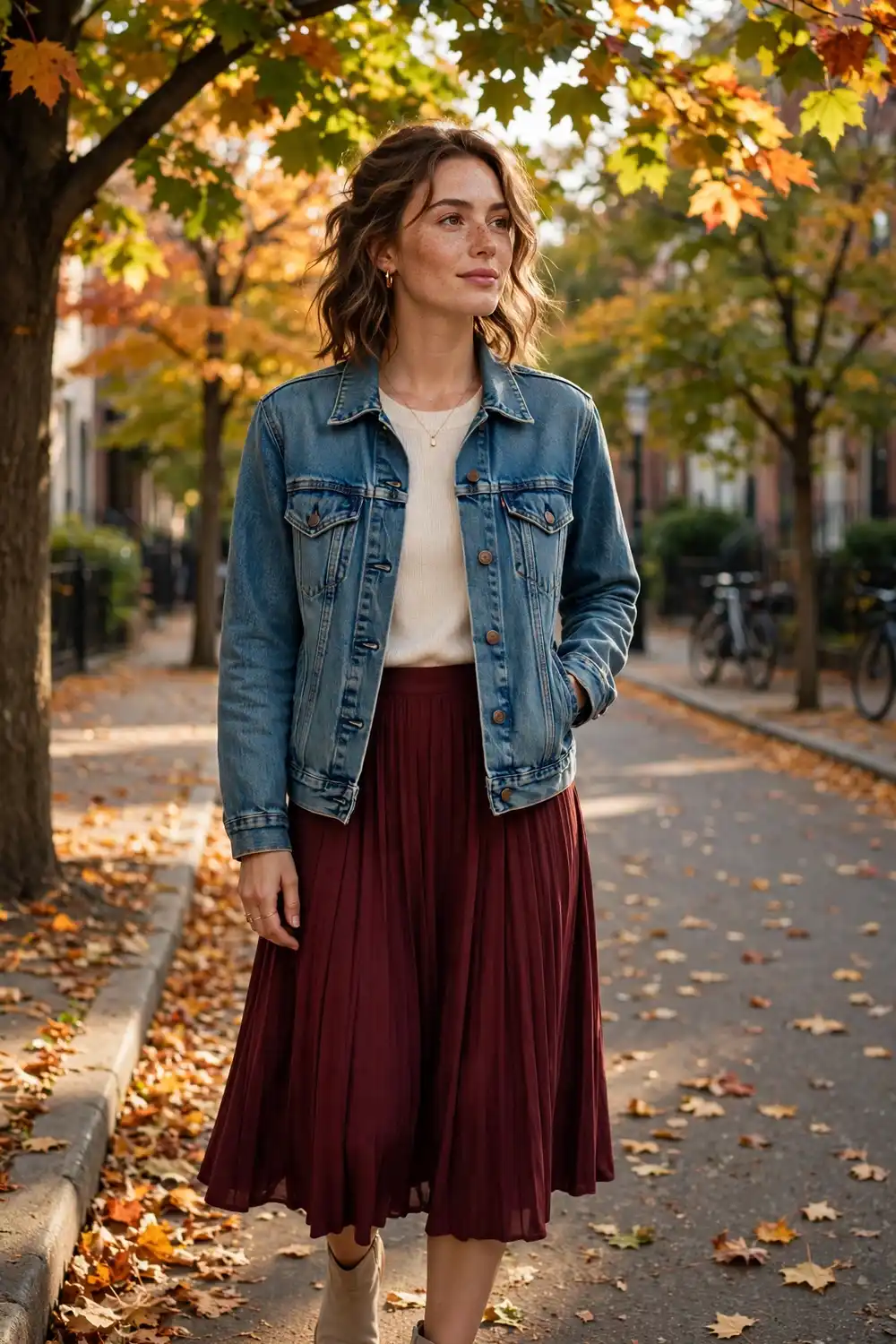 Woman wearing a classic medium wash denim jacket over a burgundy pleated skirt in early fall sunshine