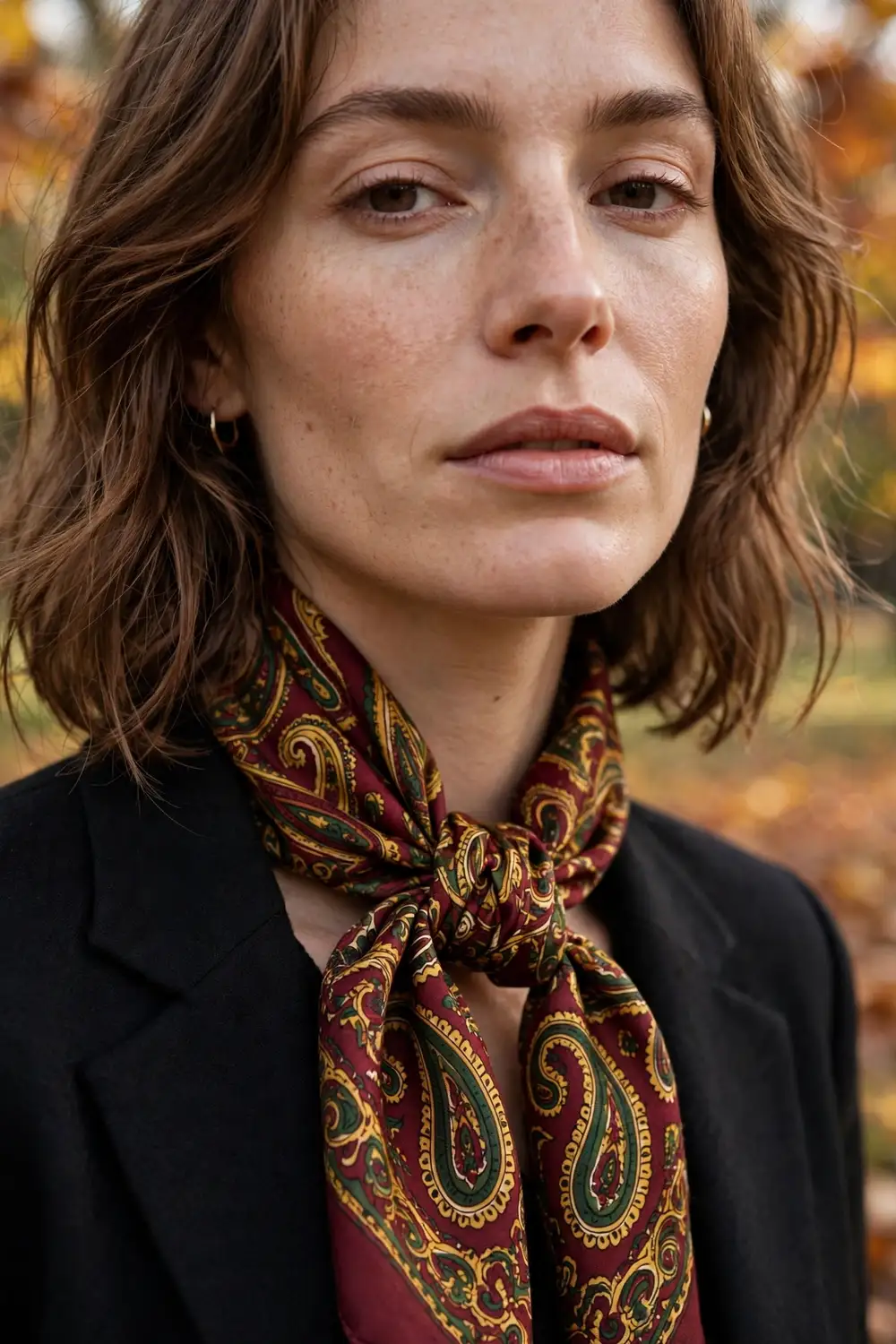 Close up of a printed silk scarf in autumnal paisley tied at the neck over a black blazer