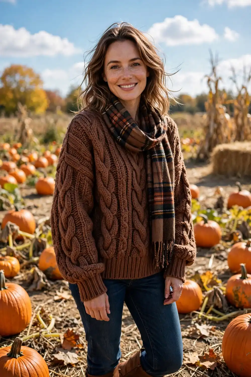 Woman wearing a cocoa brown chunky knit sweater with dark jeans and a plaid scarf in a pumpkin patch