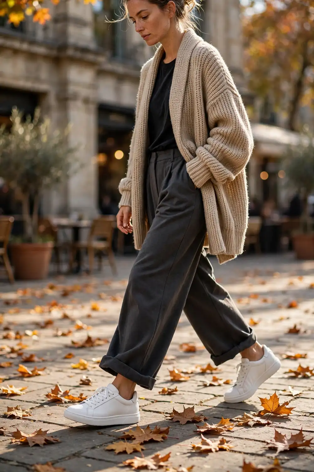 Woman wearing clean white leather sneakers with charcoal trousers and an oversized cardigan