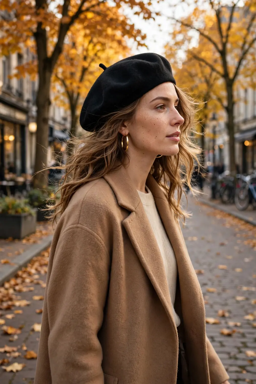 Woman wearing a soft black wool beret tilted to one side with a camel coat and gold hoops