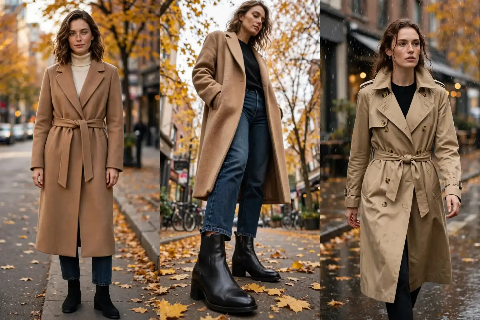 Collage of three fall capsule wardrobe essentials: camel wool coat, black leather ankle boots, tan trench coat