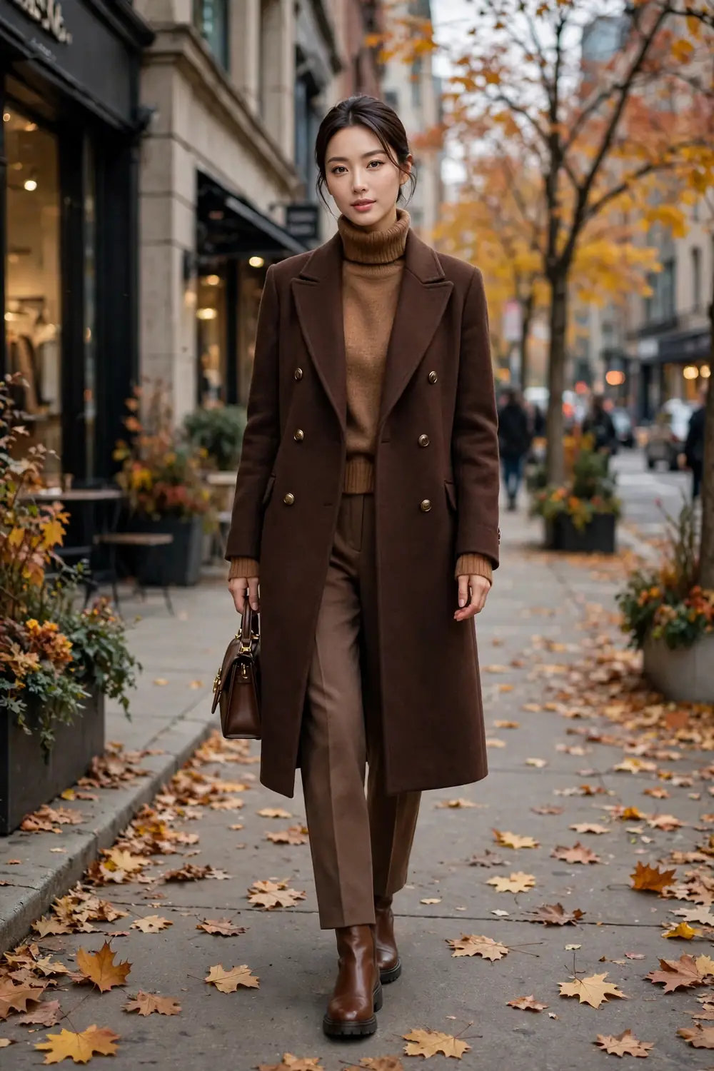 Woman wearing a chocolate brown double breasted coat in a tonal brown outfit on an autumn street