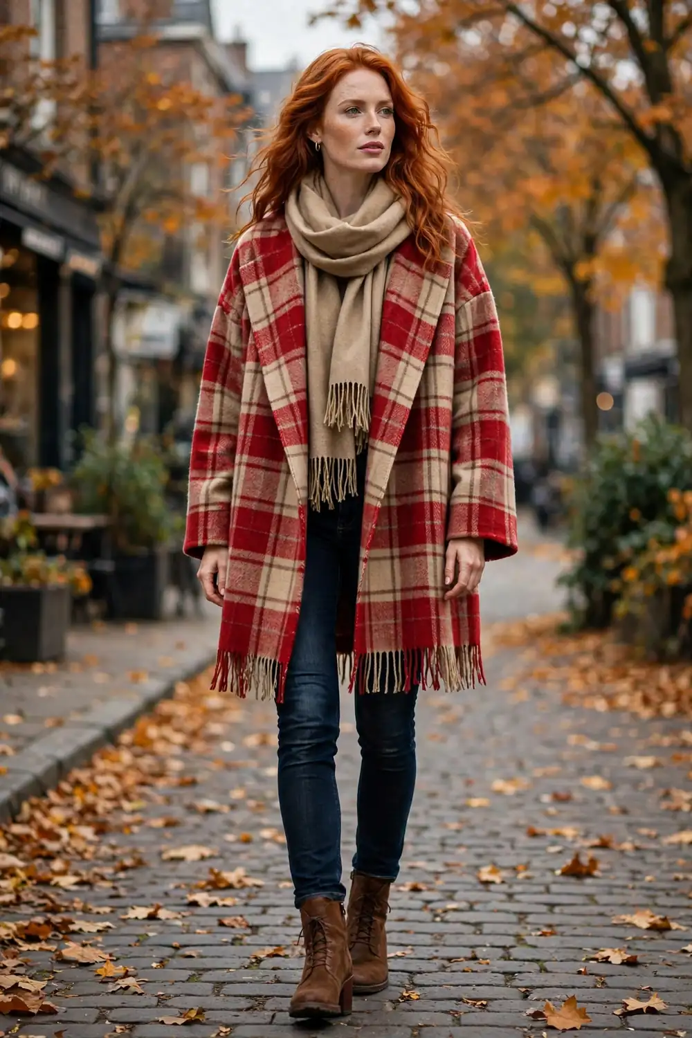 Woman wearing a plaid blanket coat with a scarf and jeans among autumn leaves