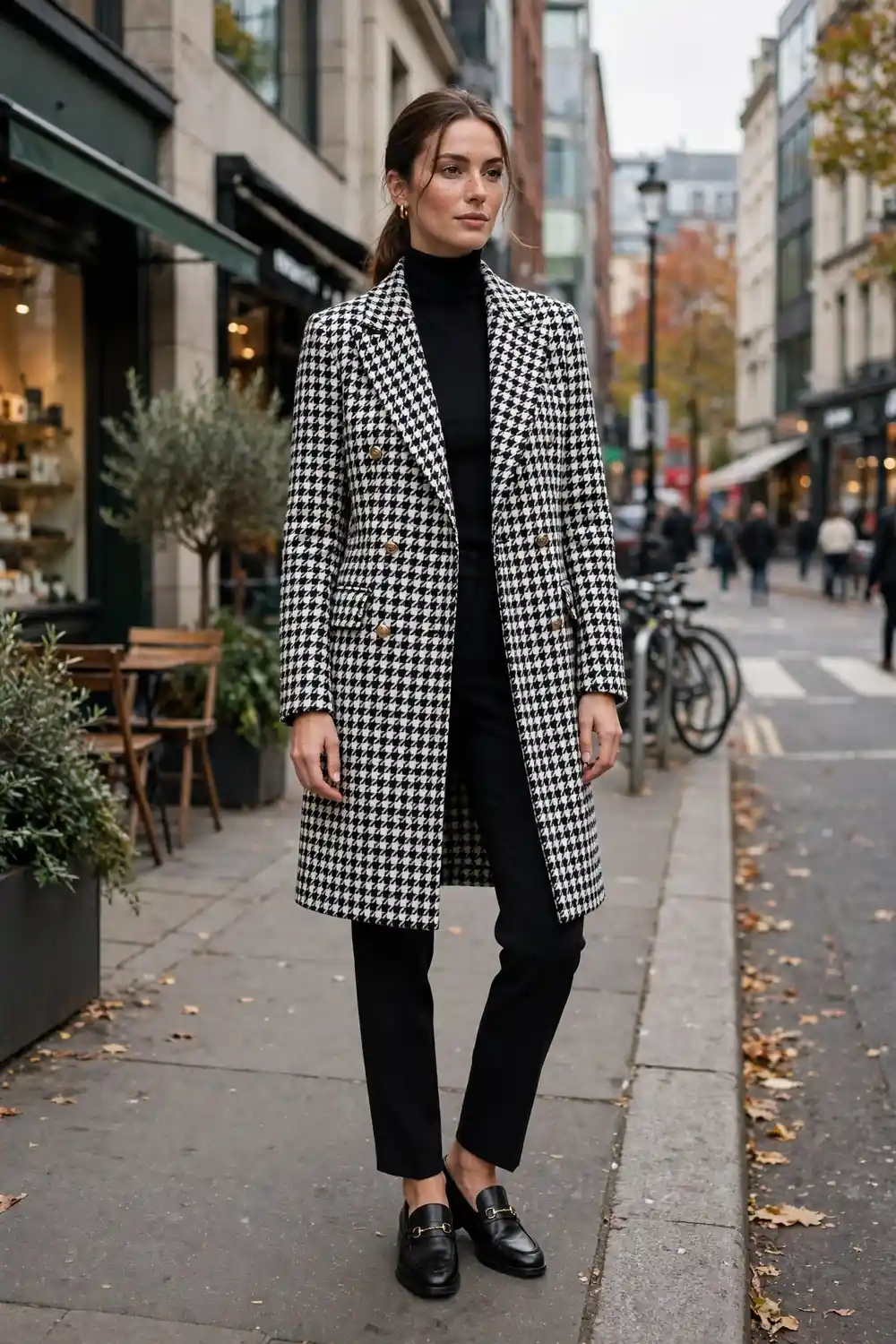 Woman wearing a tailored houndstooth coat with black trousers and loafers in the city