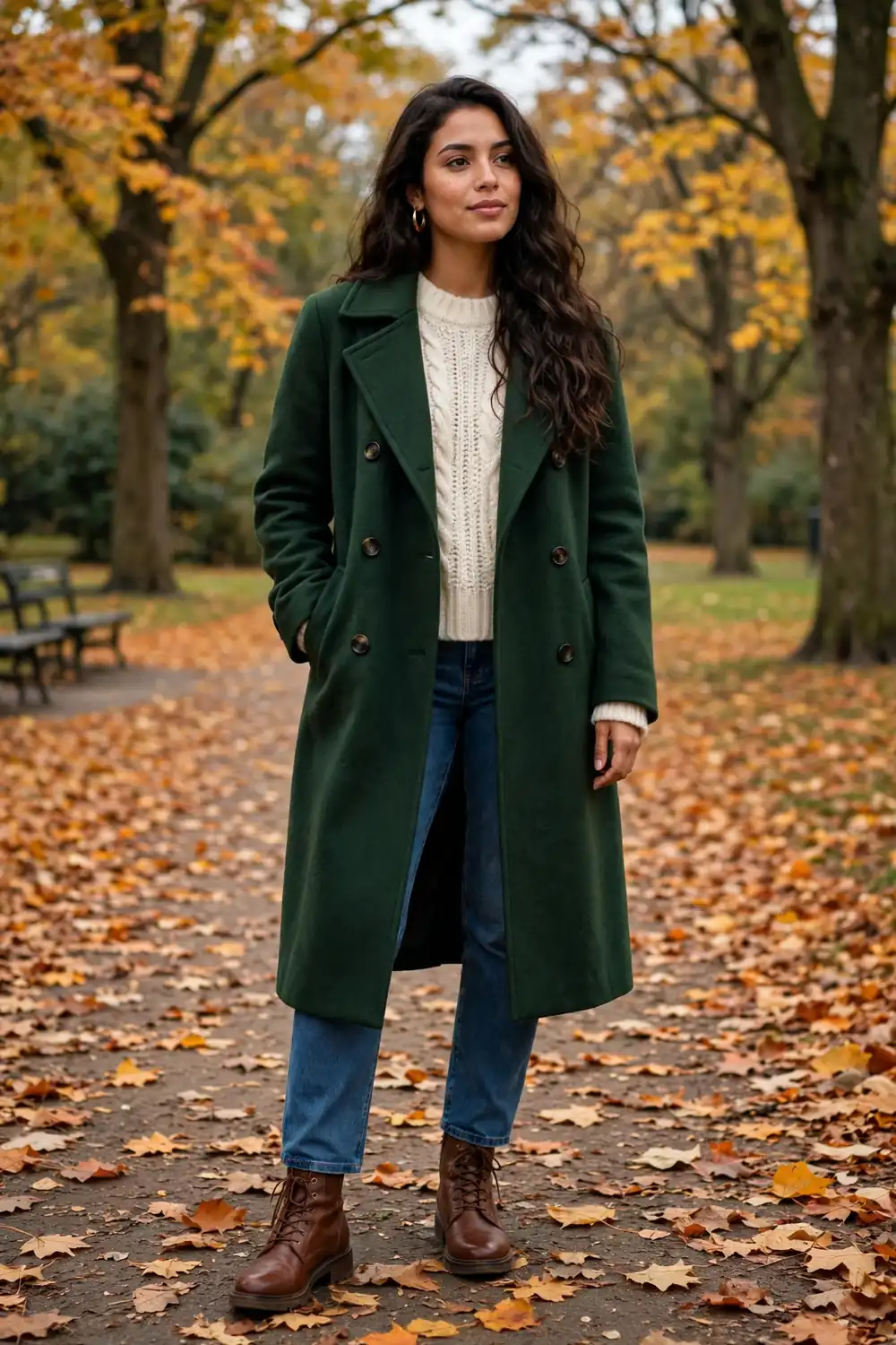 Woman wearing a forest green wool overcoat with cream knit and jeans in autumn