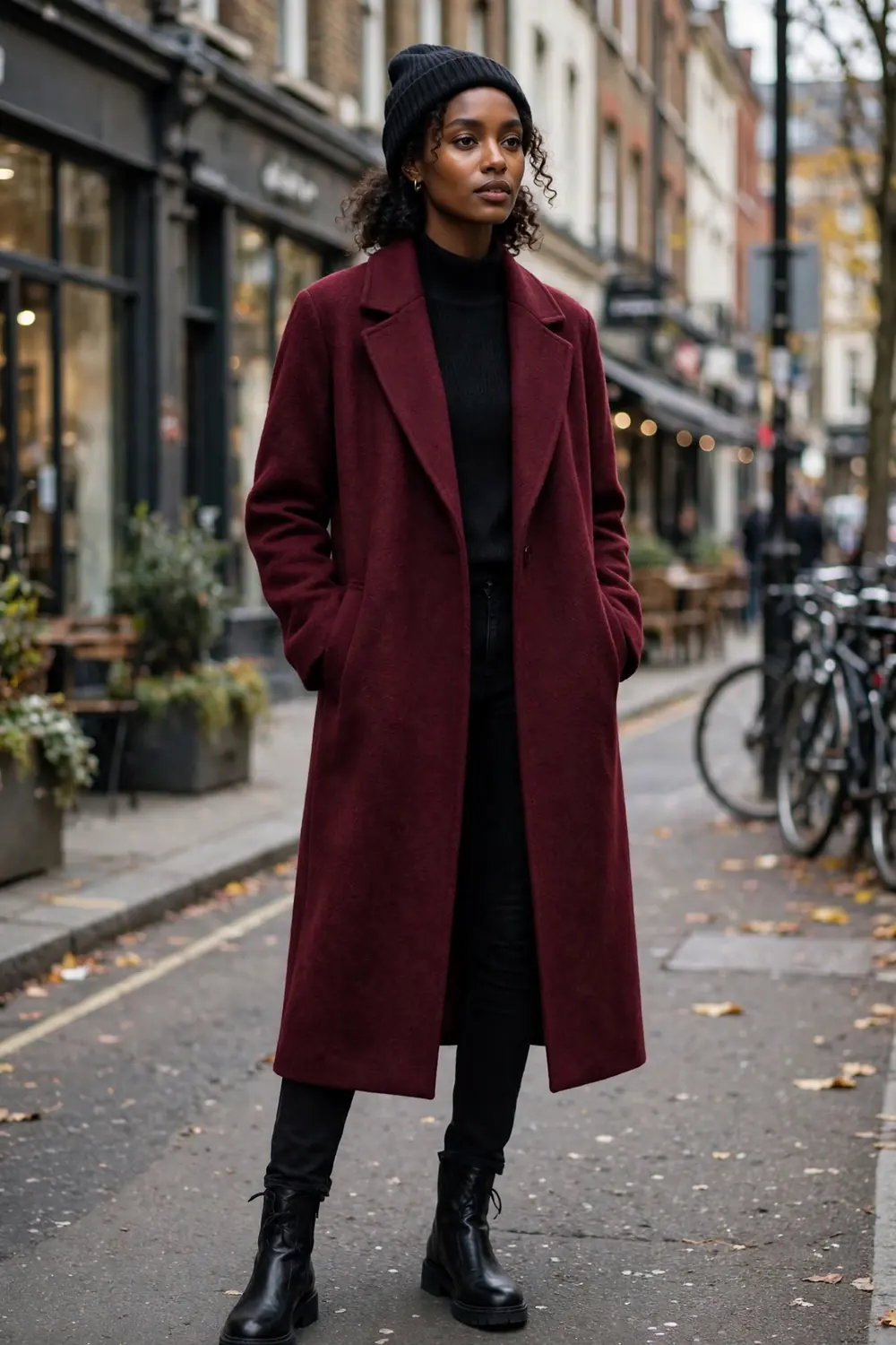 Woman wearing a burgundy statement coat with black jeans and ankle boots in the city