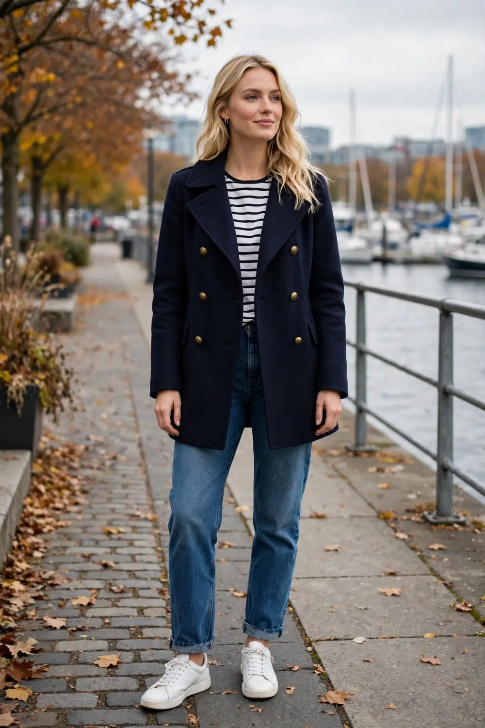 Woman wearing a navy peacoat with striped top and jeans near the waterfront in autumn