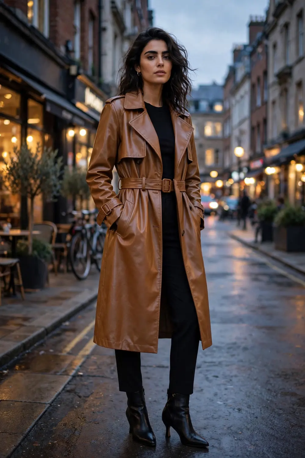 Woman wearing a caramel faux leather trench coat with black trousers and heels on a city street