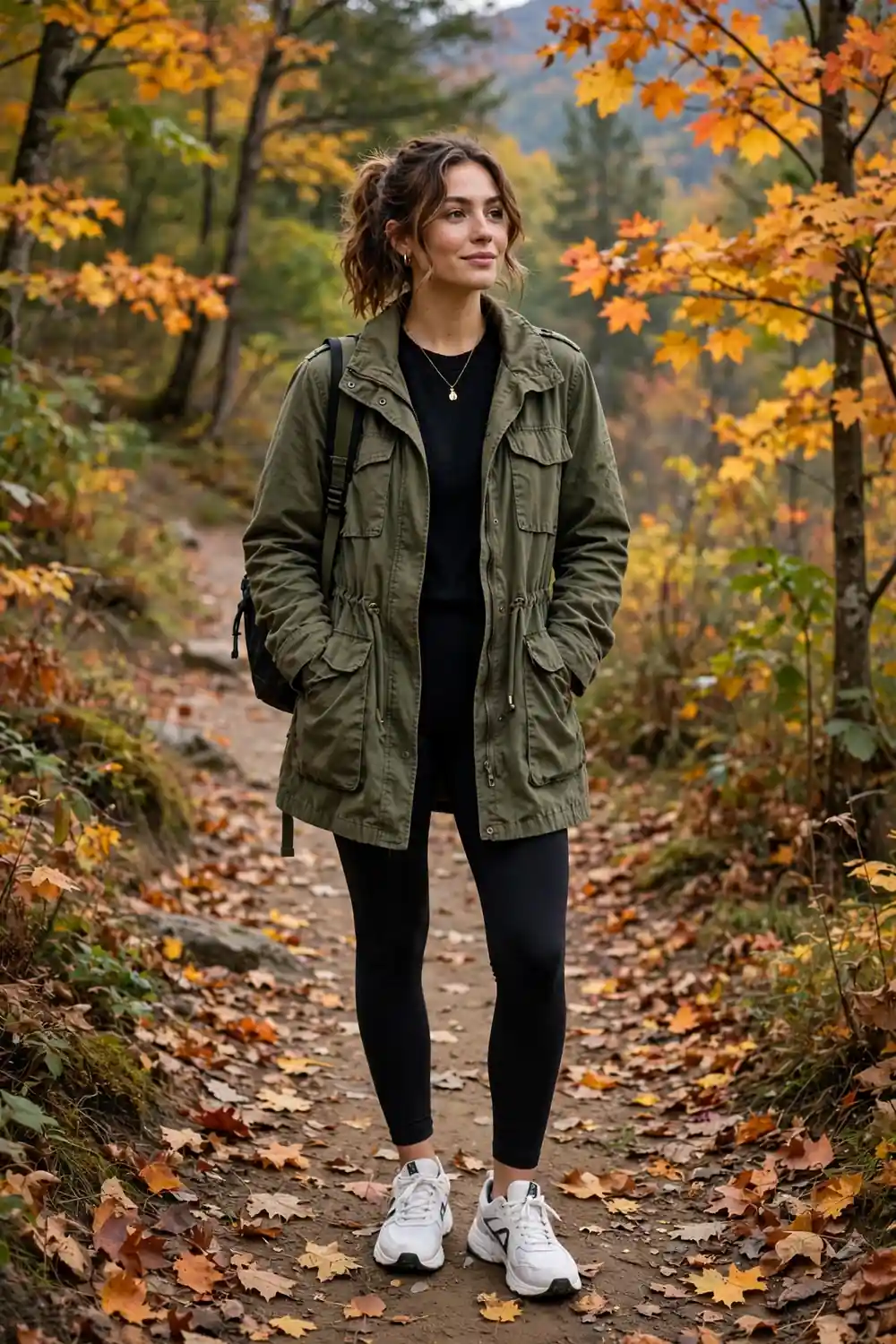 Woman wearing an olive utility coat with leggings and sneakers on a fall hiking trail