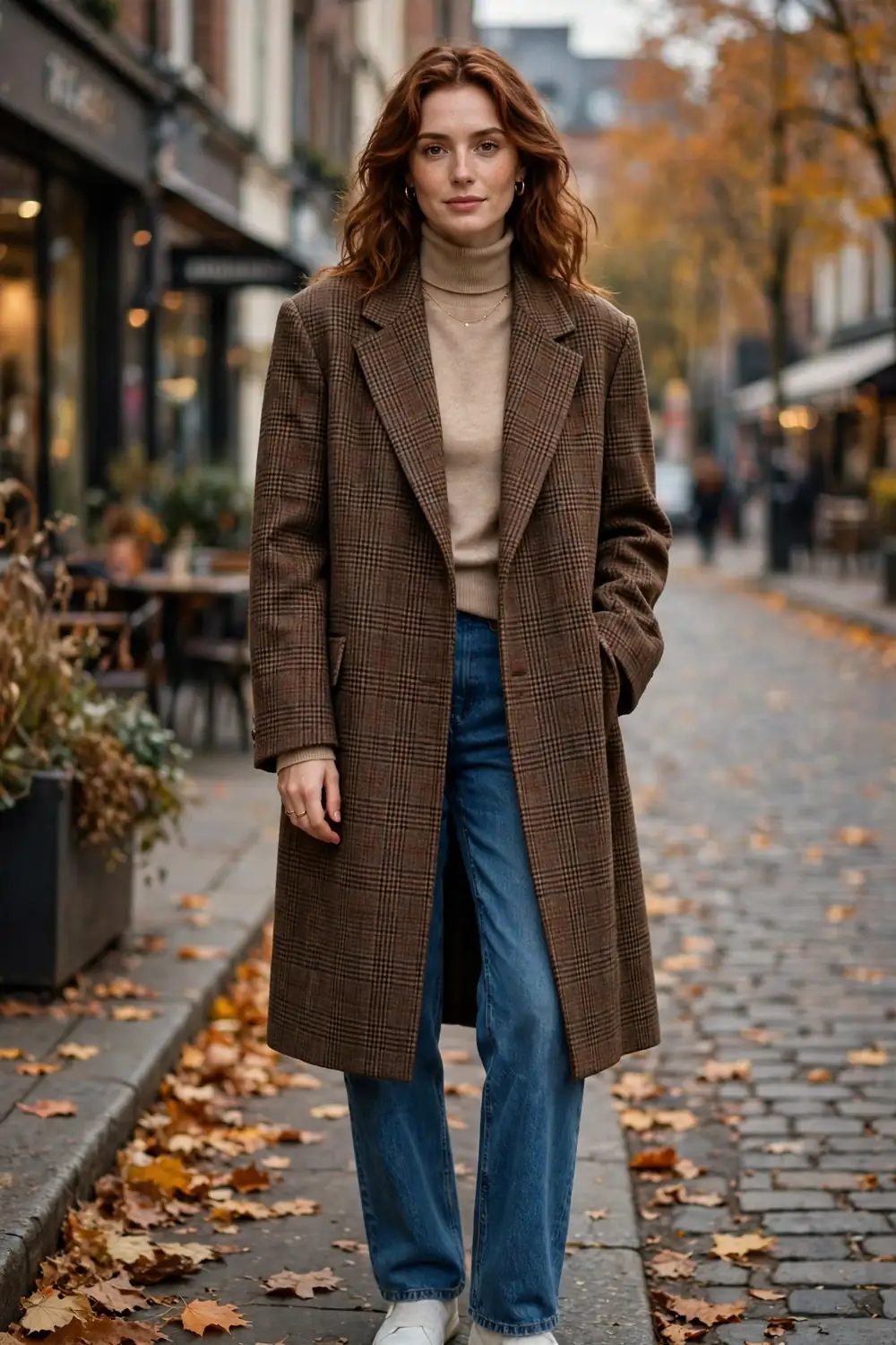 Woman wearing a checked wool blazer coat with turtleneck and jeans in autumn city style