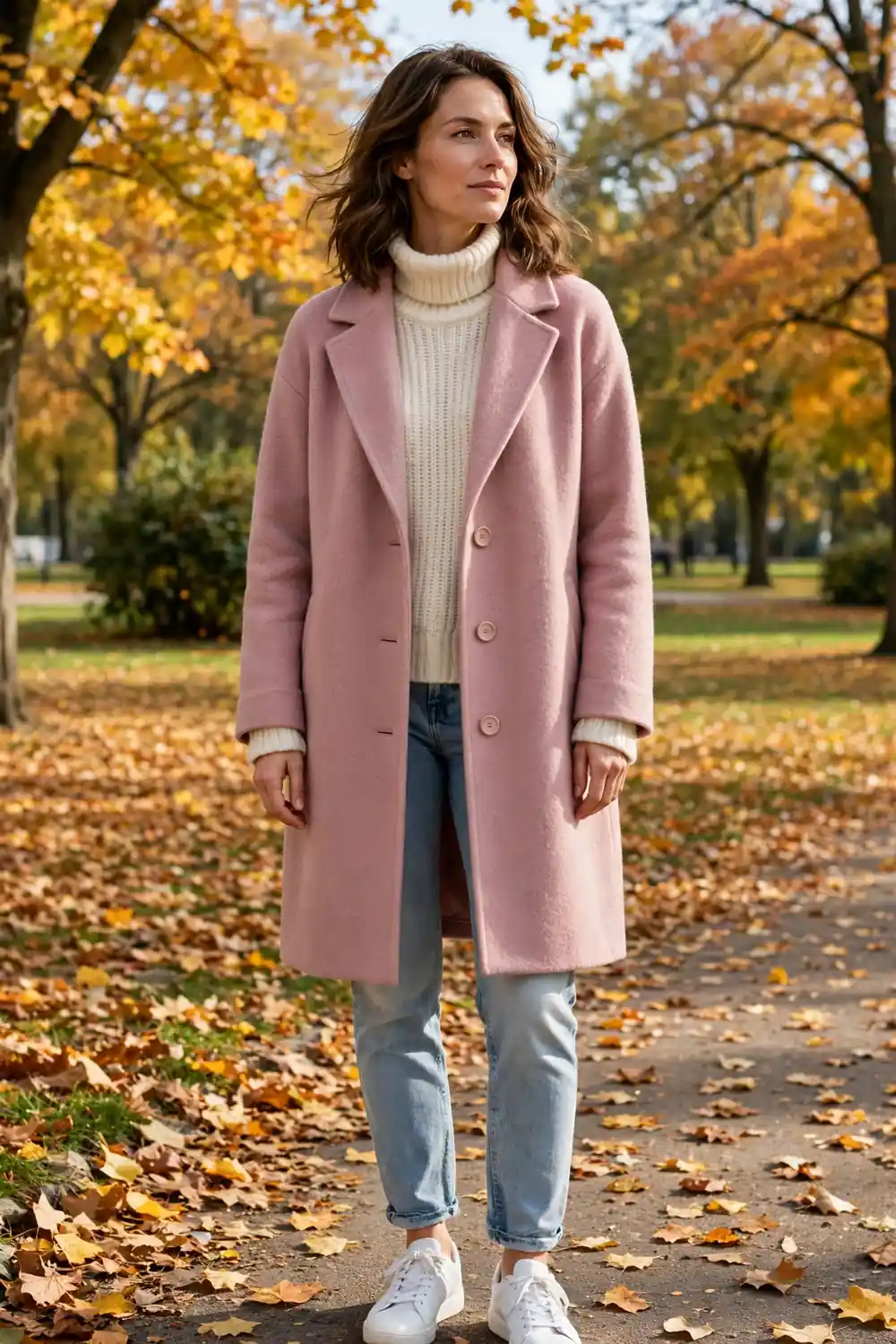 Woman wearing a soft pink wool coat with cream knit and light jeans in a bright autumn park