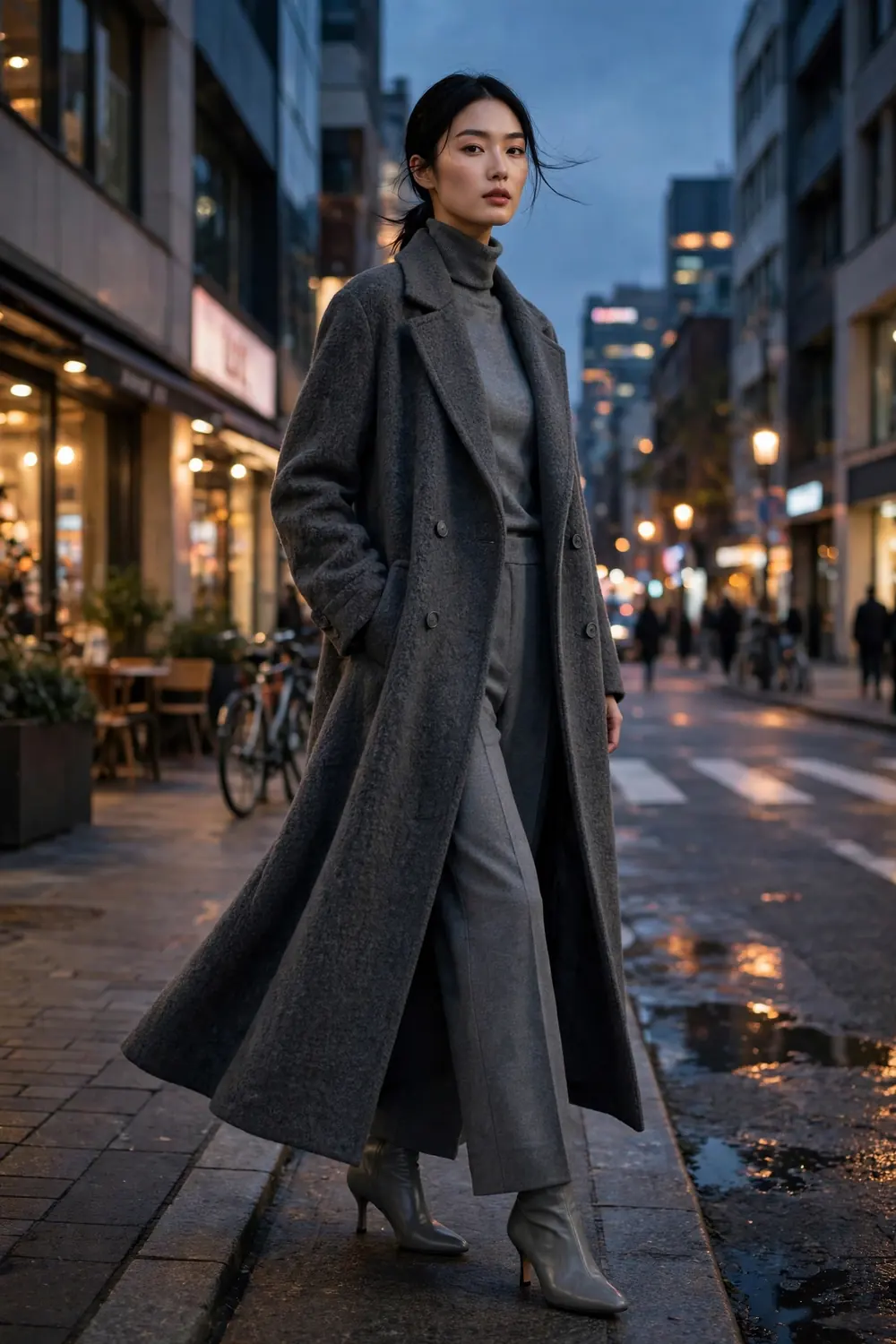 Woman wearing a charcoal maxi coat over a monochrome outfit walking in the city at dusk