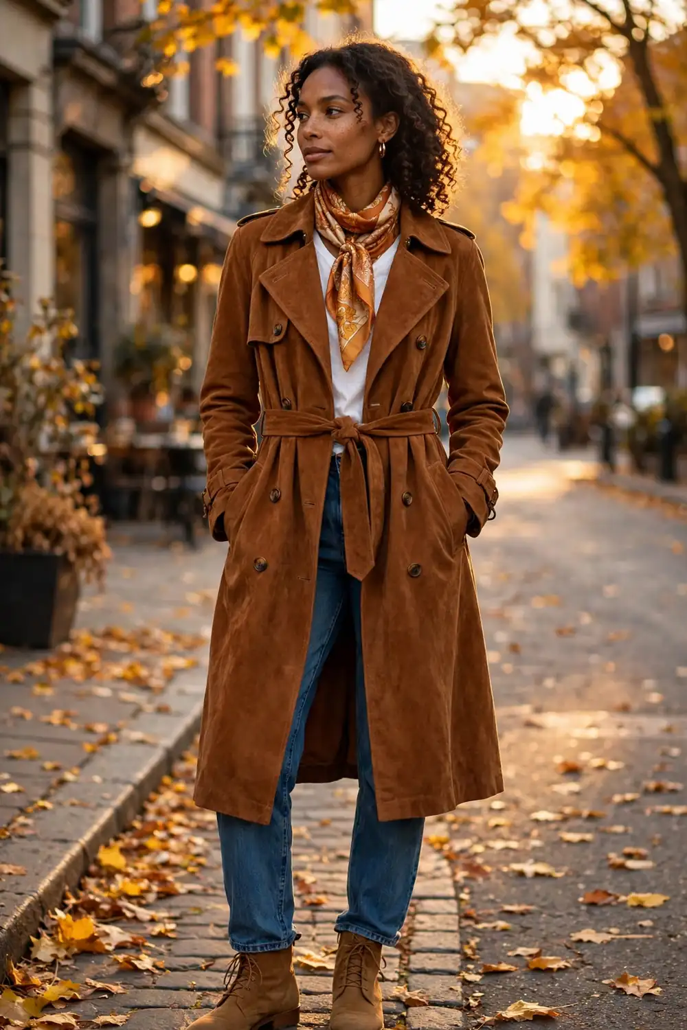 Woman wearing a cognac suede trench coat with denim and ankle boots in golden autumn light