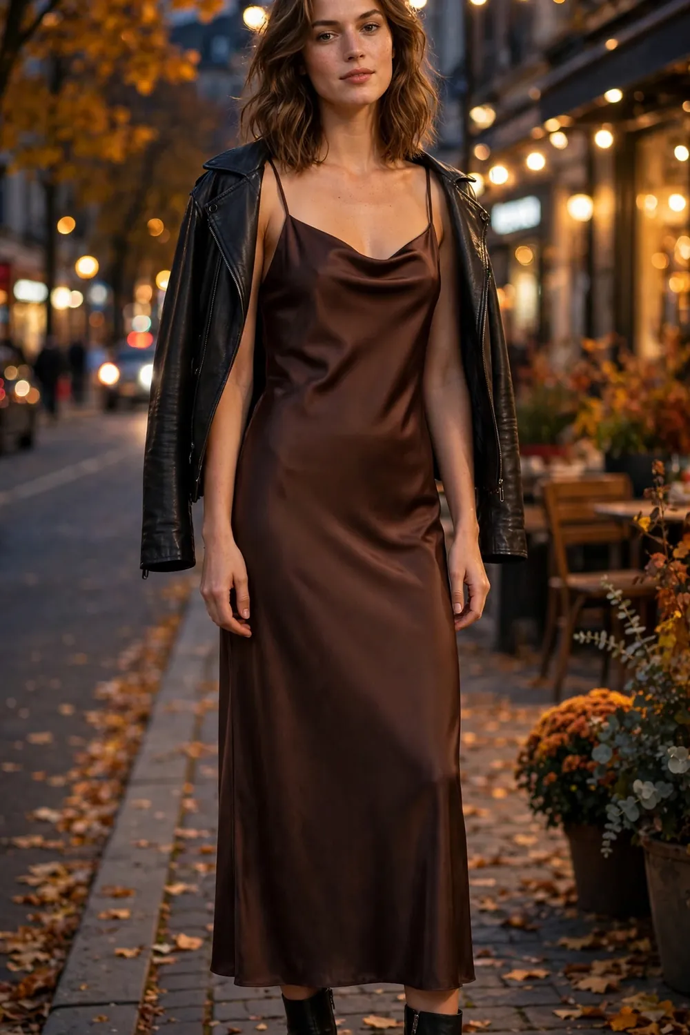 Woman in a chocolate brown satin slip dress styled with a black leather jacket on a city street at night