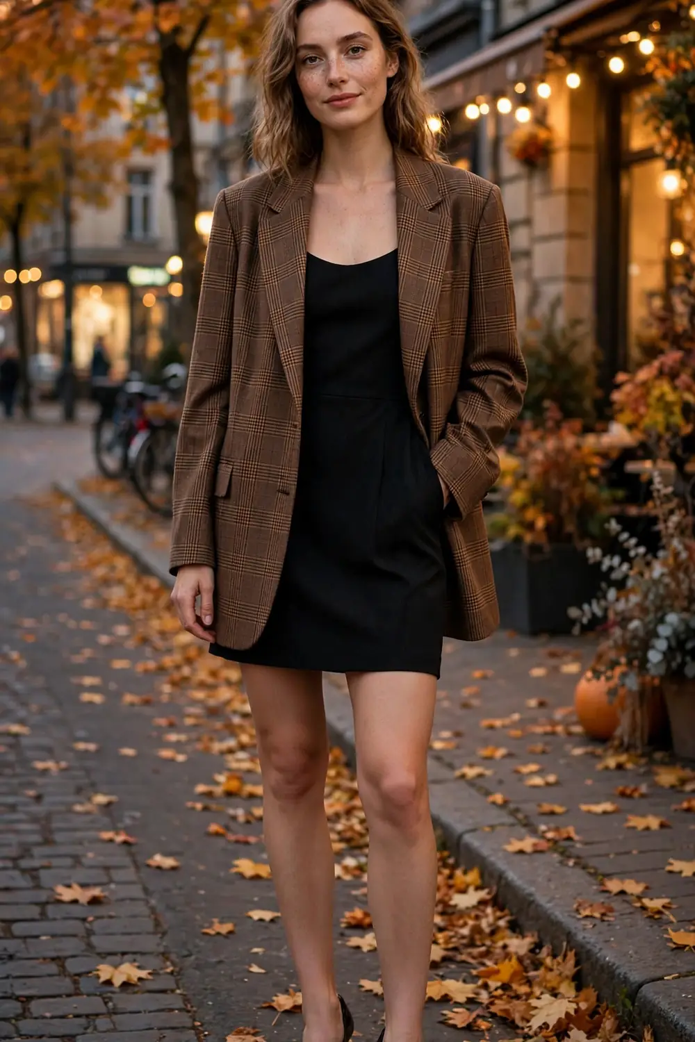 Woman wearing an oversized plaid blazer over a little black dress with knee high boots