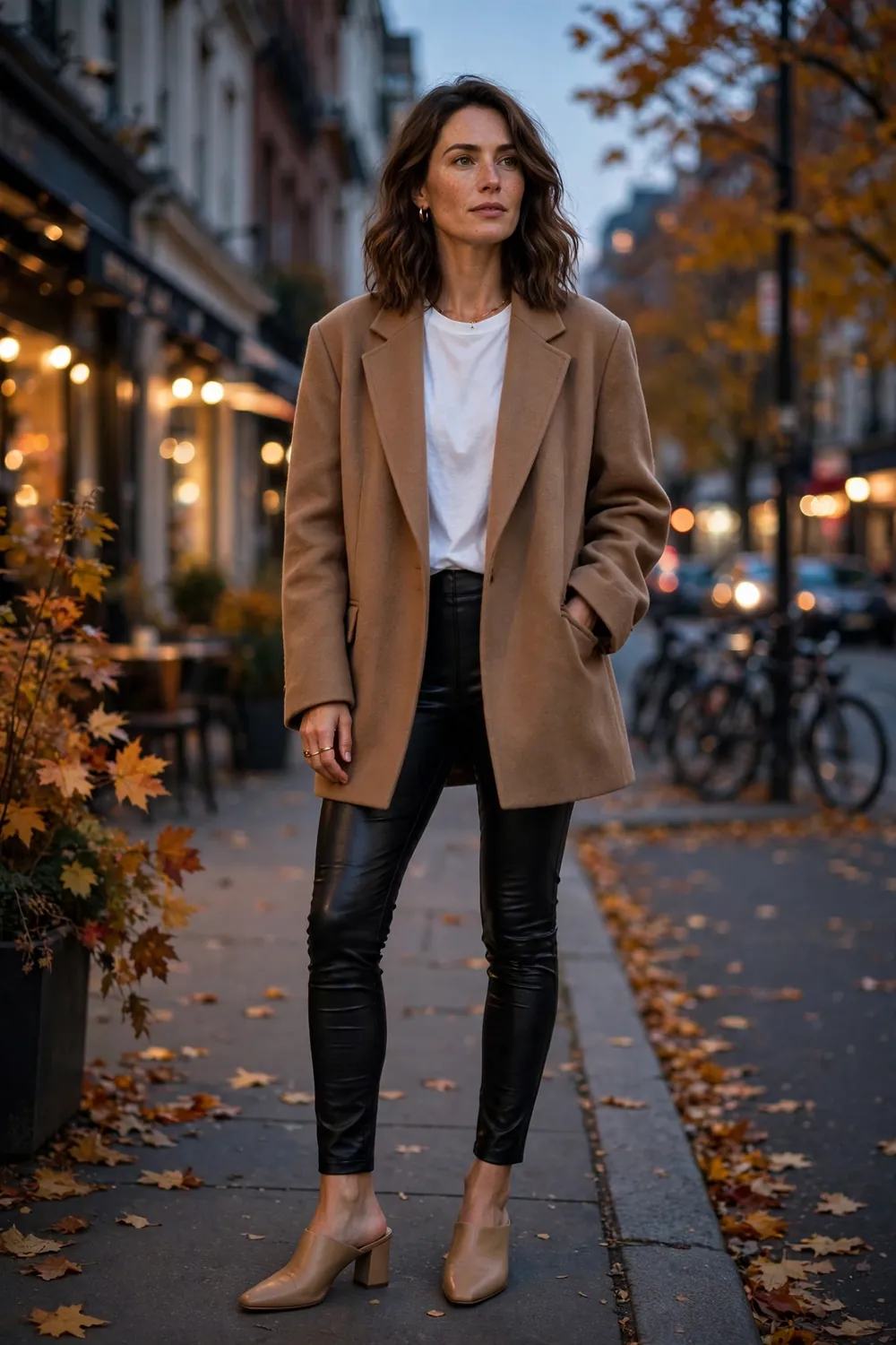 Woman wearing black faux leather leggings with an oversized camel blazer and heeled boots