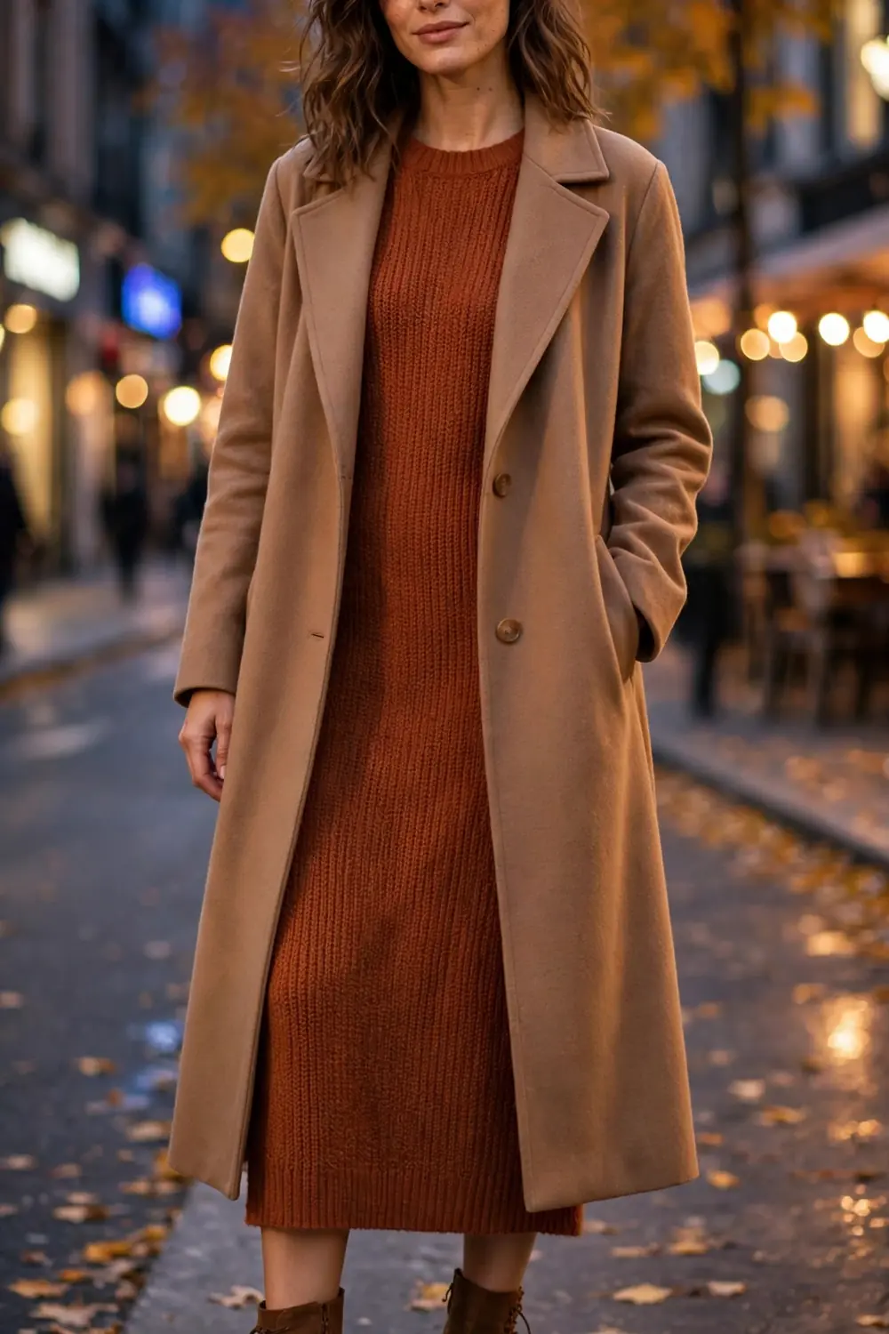Woman in a camel wool coat worn open over a fitted chocolate brown knit midi dress