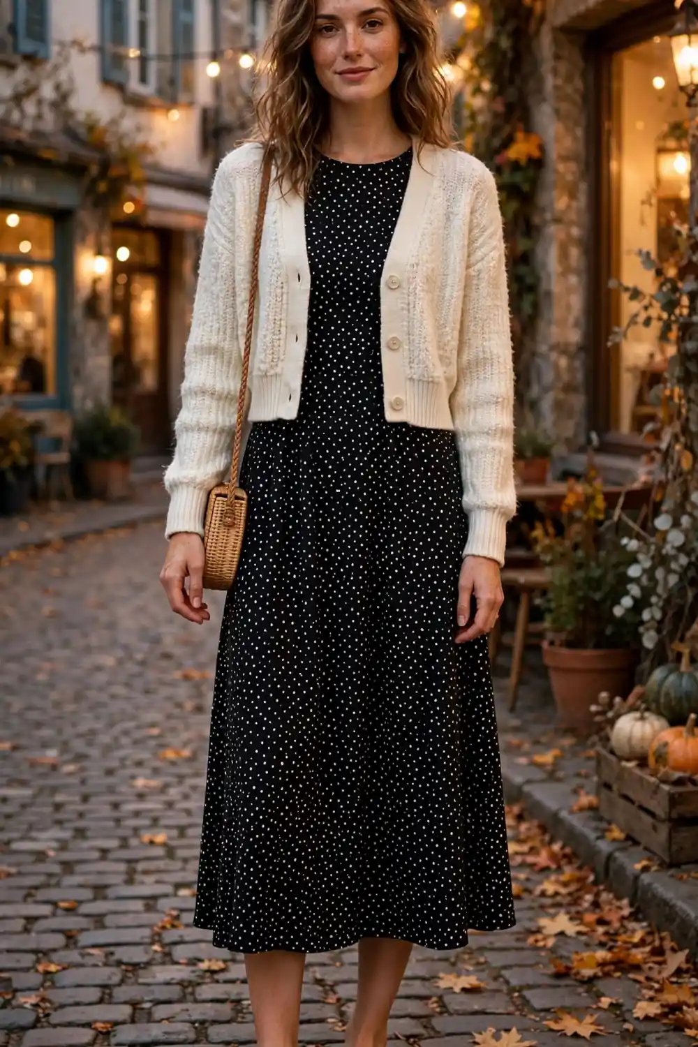 Woman wearing a navy polka dot midi dress with a cropped cream cardigan and ballet flats