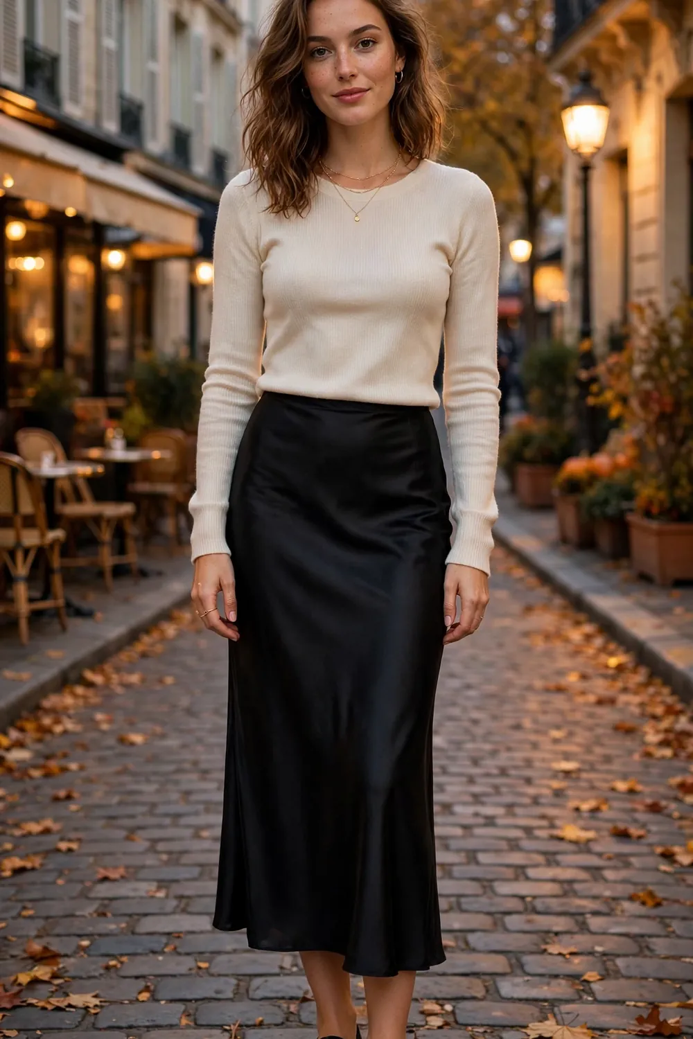 Woman in a black satin slip skirt with a fitted grey sweater and classic ballet flats