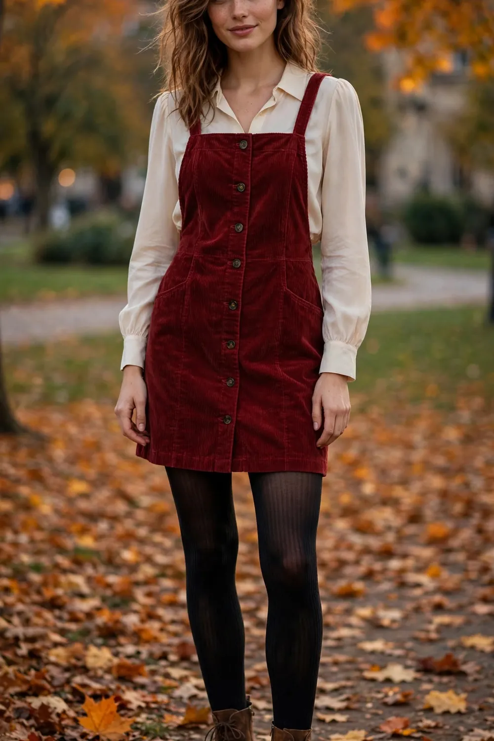 Woman in a wine coloured corduroy mini dress with long sleeves and black ankle boots