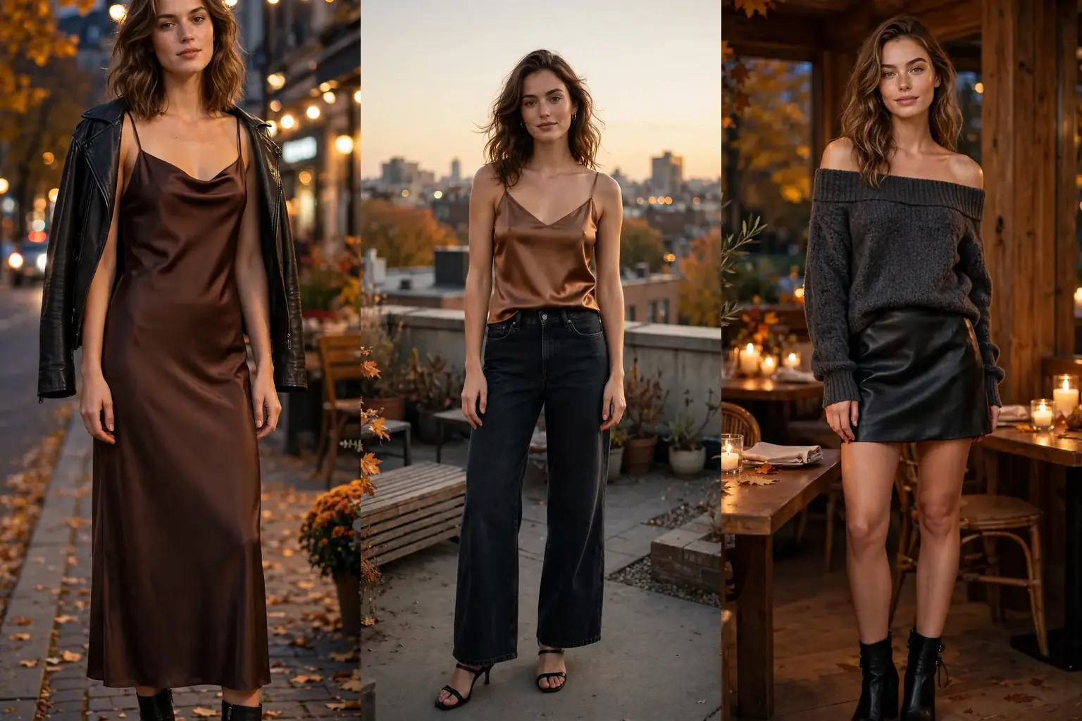 Collage of three romantic fall date night outfits including a slip dress, satin cami look and off shoulder sweater