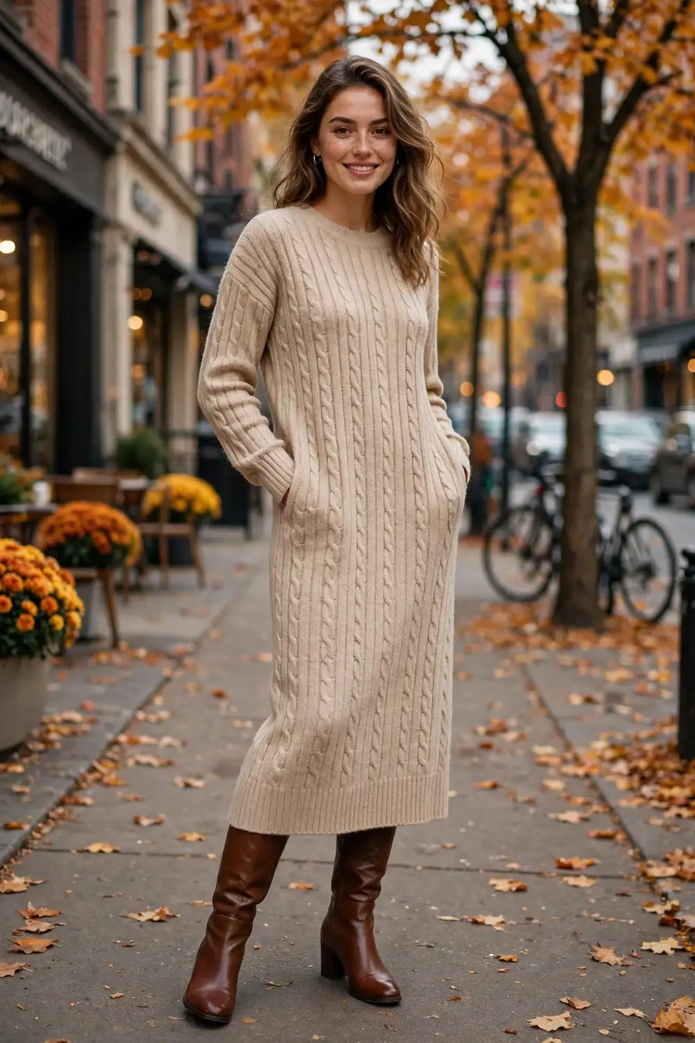 Full body photo of a woman in a beige knit sweater midi dress with brown knee high boots on an autumn street