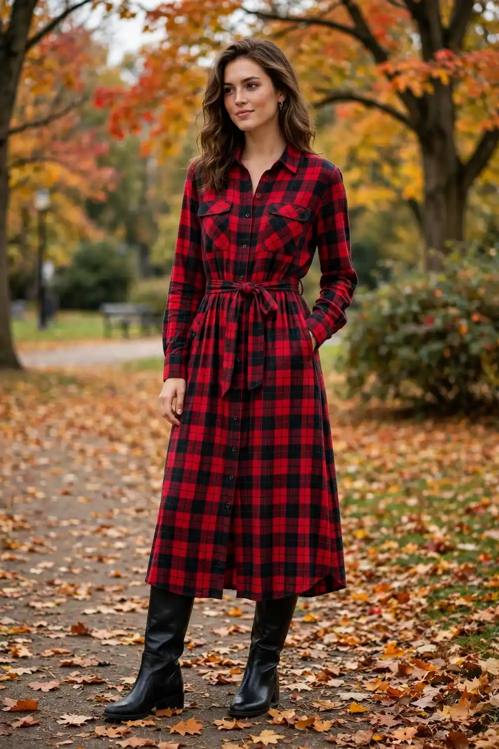 Full body photo of a woman in a red plaid shirt dress with black knee high boots in an autumn park