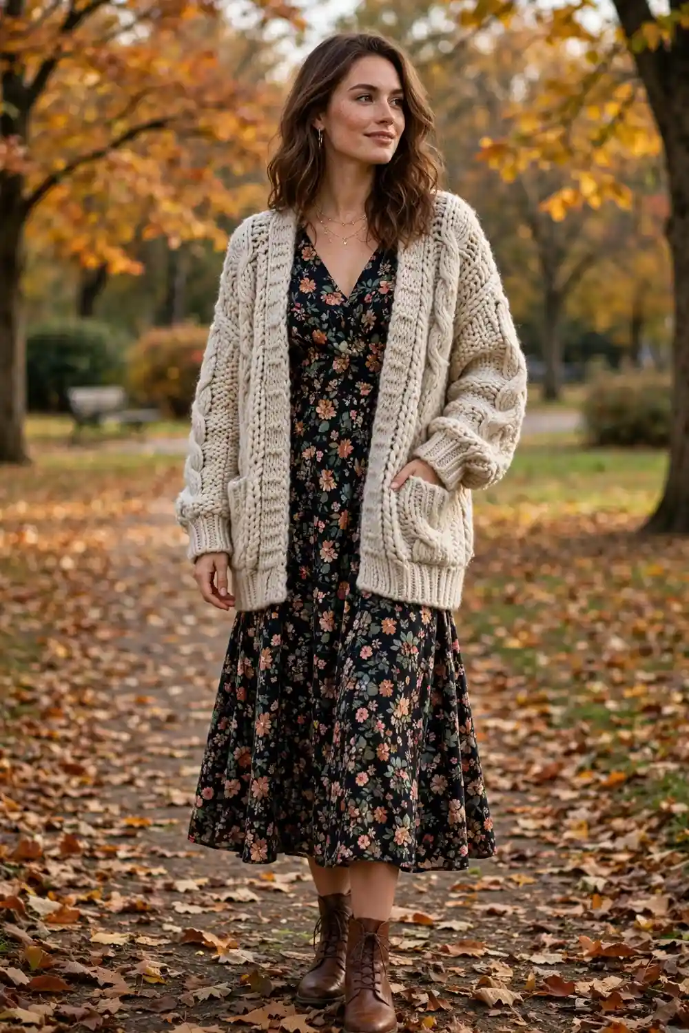 Full body photo of a woman in a dark floral midi dress with a chunky knit cardigan in an autumn park