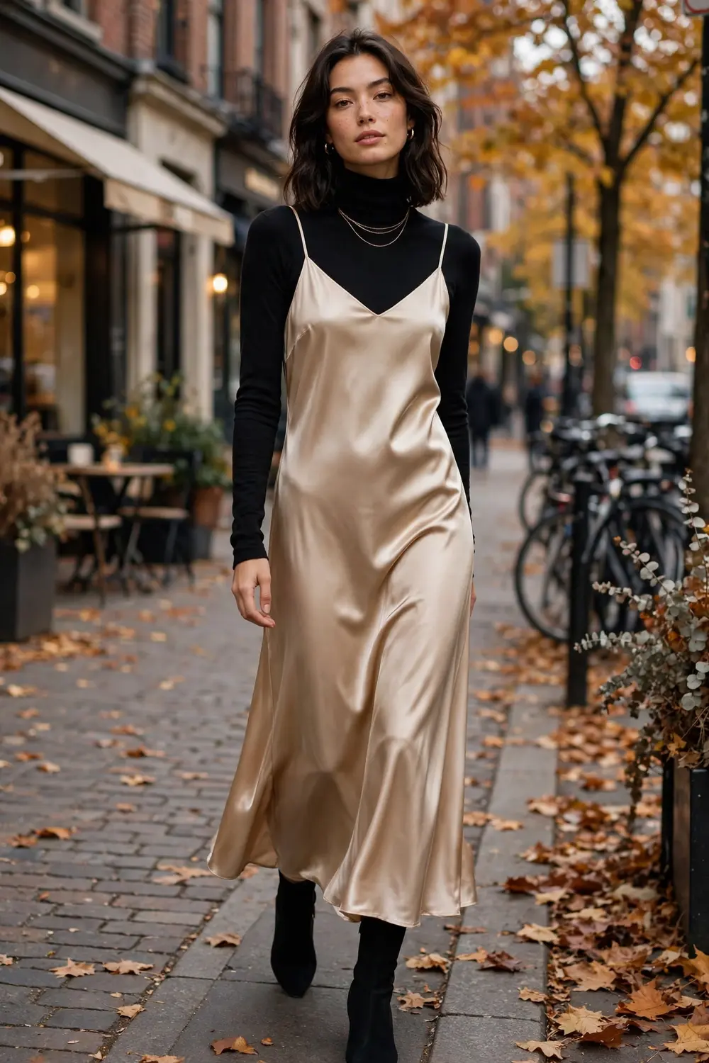 Full body photo of a woman in a champagne satin slip dress layered over a black turtleneck