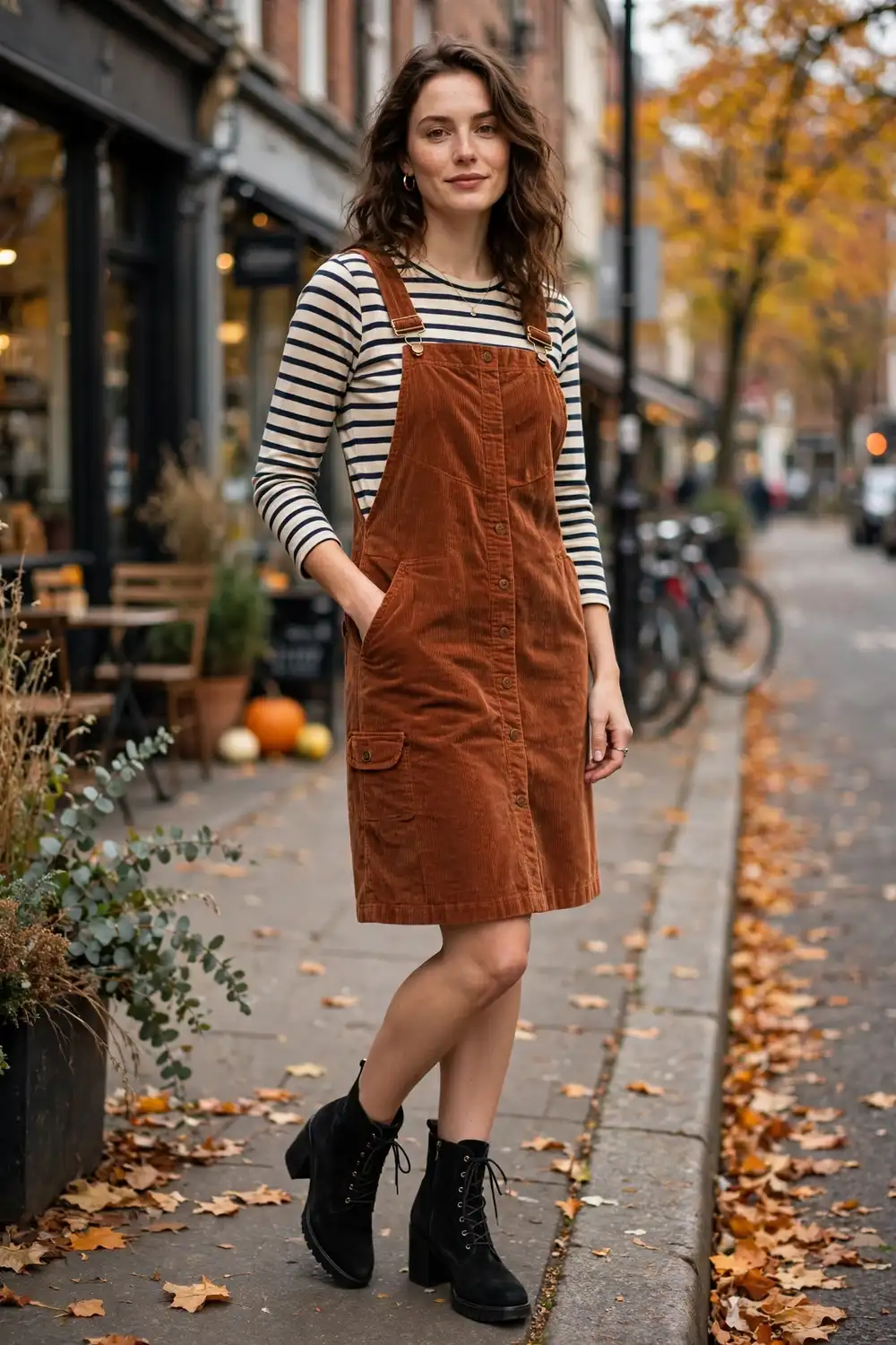 Full body photo of a woman in a rust corduroy pinafore dress over a striped top with ankle boots